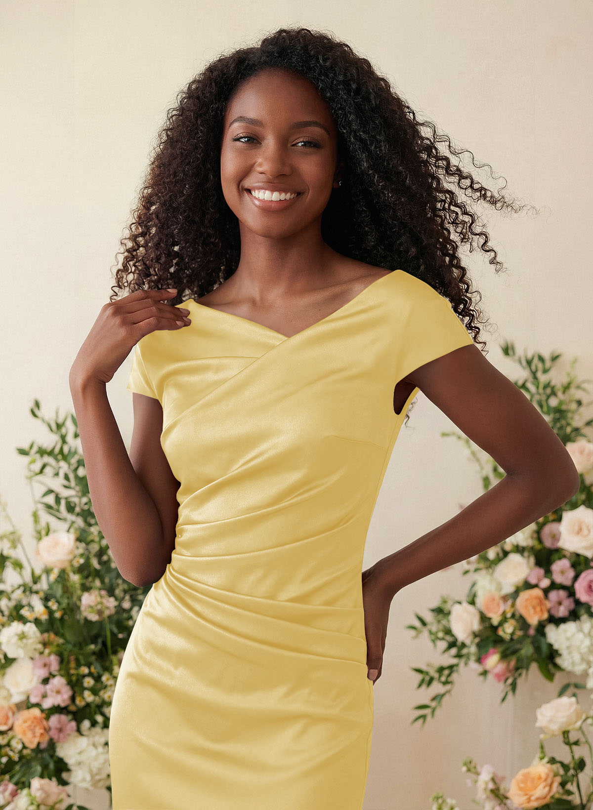 Sheath/Column Cowl Neck Short Sleeves Tea-Length Charmeuse Bridesmaid Dresses, product image 80