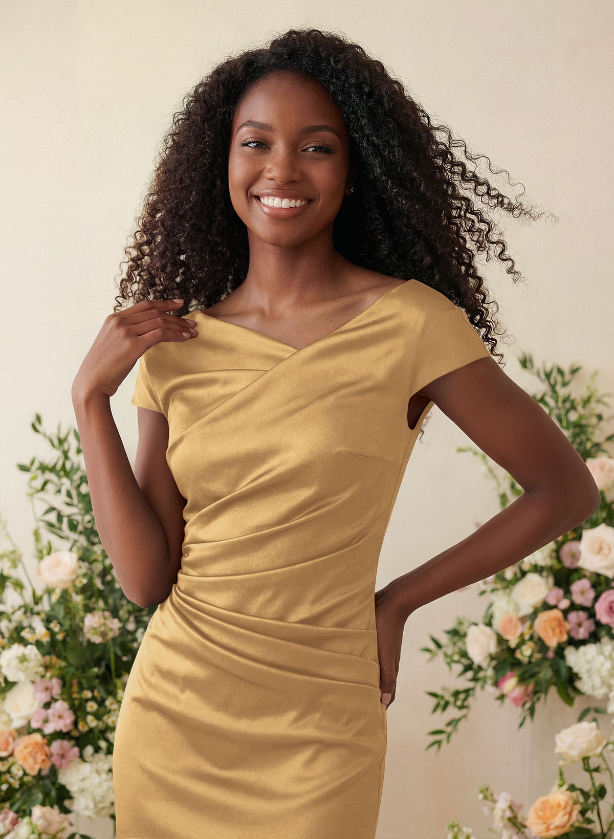 Sheath/Column Cowl Neck Short Sleeves Tea-Length Charmeuse Bridesmaid Dresses, product image 83