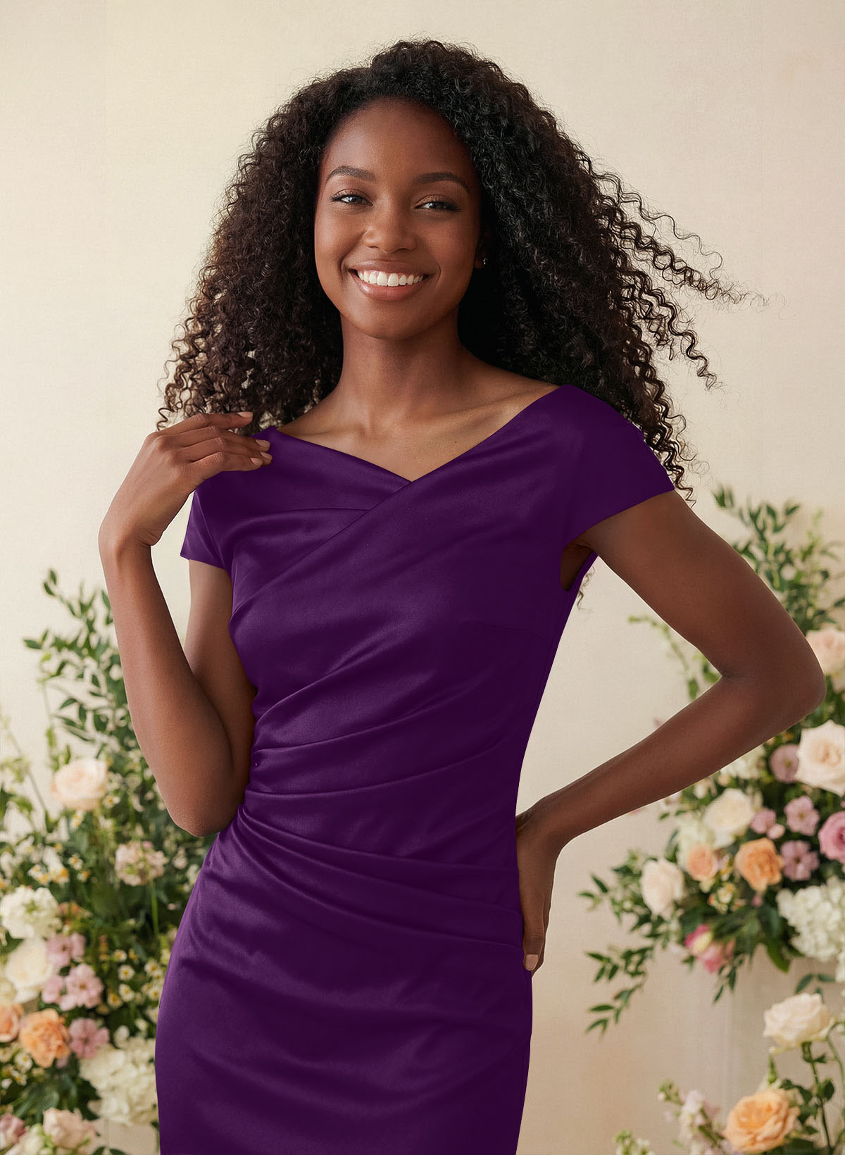 Sheath/Column Cowl Neck Short Sleeves Tea-Length Charmeuse Bridesmaid Dresses, product image 59