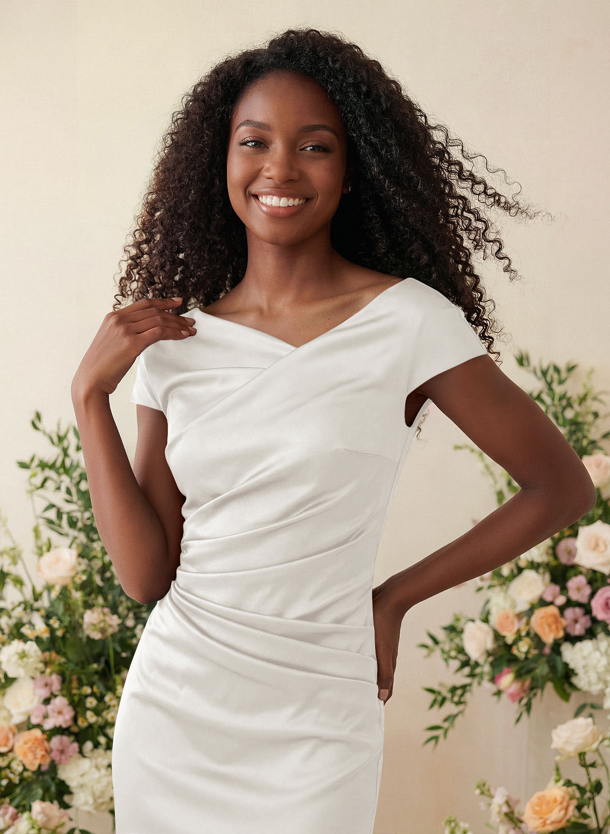 Sheath/Column Cowl Neck Short Sleeves Tea-Length Charmeuse Bridesmaid Dresses, product image 92