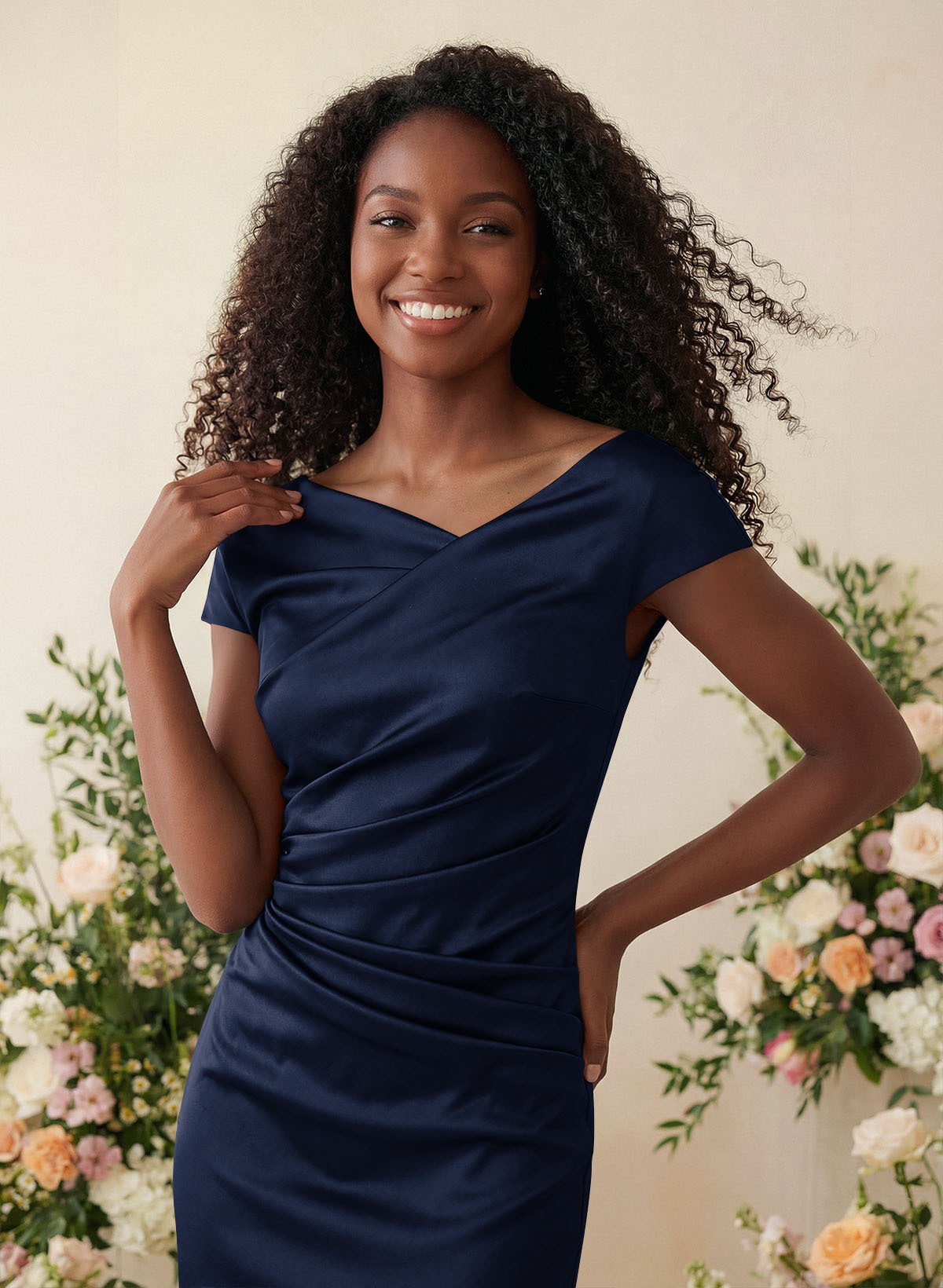 Sheath/Column Cowl Neck Short Sleeves Tea-Length Charmeuse Bridesmaid Dresses, product image 8
