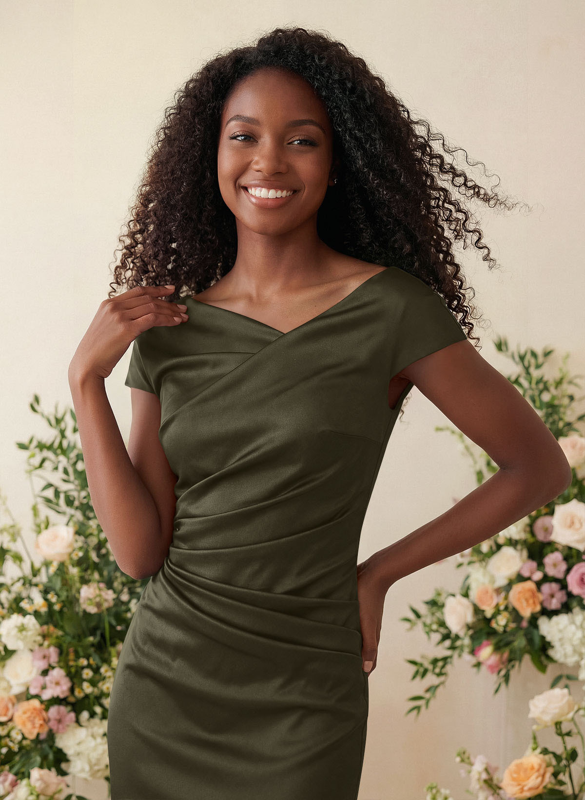 Sheath/Column Cowl Neck Short Sleeves Tea-Length Charmeuse Bridesmaid Dresses, product image 107