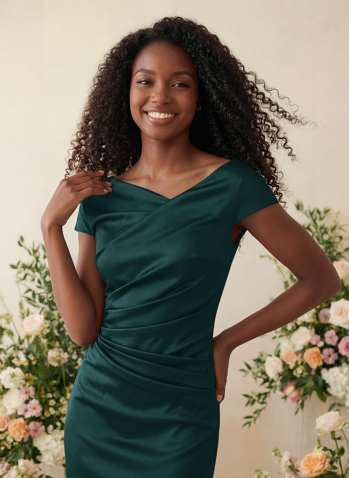 Sheath/Column Cowl Neck Short Sleeves Tea-Length Charmeuse Bridesmaid Dresses, product image 65