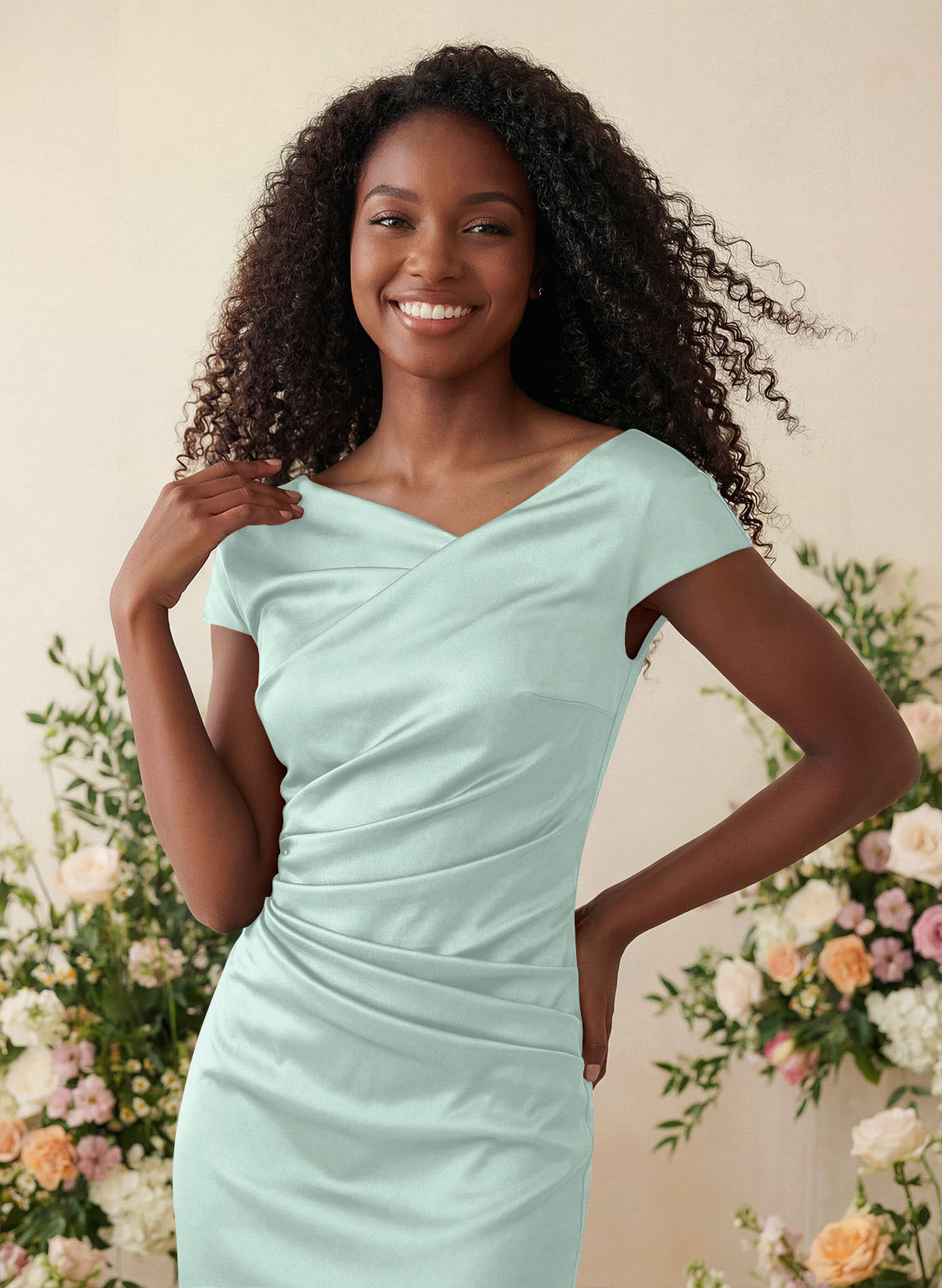 Sheath/Column Cowl Neck Short Sleeves Tea-Length Charmeuse Bridesmaid Dresses, product image 68