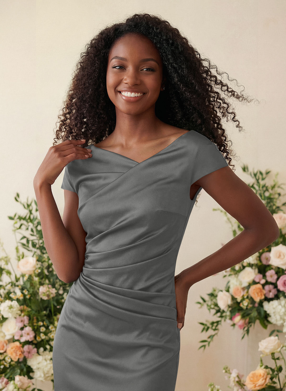 Sheath/Column Cowl Neck Short Sleeves Tea-Length Charmeuse Bridesmaid Dresses, product image 101