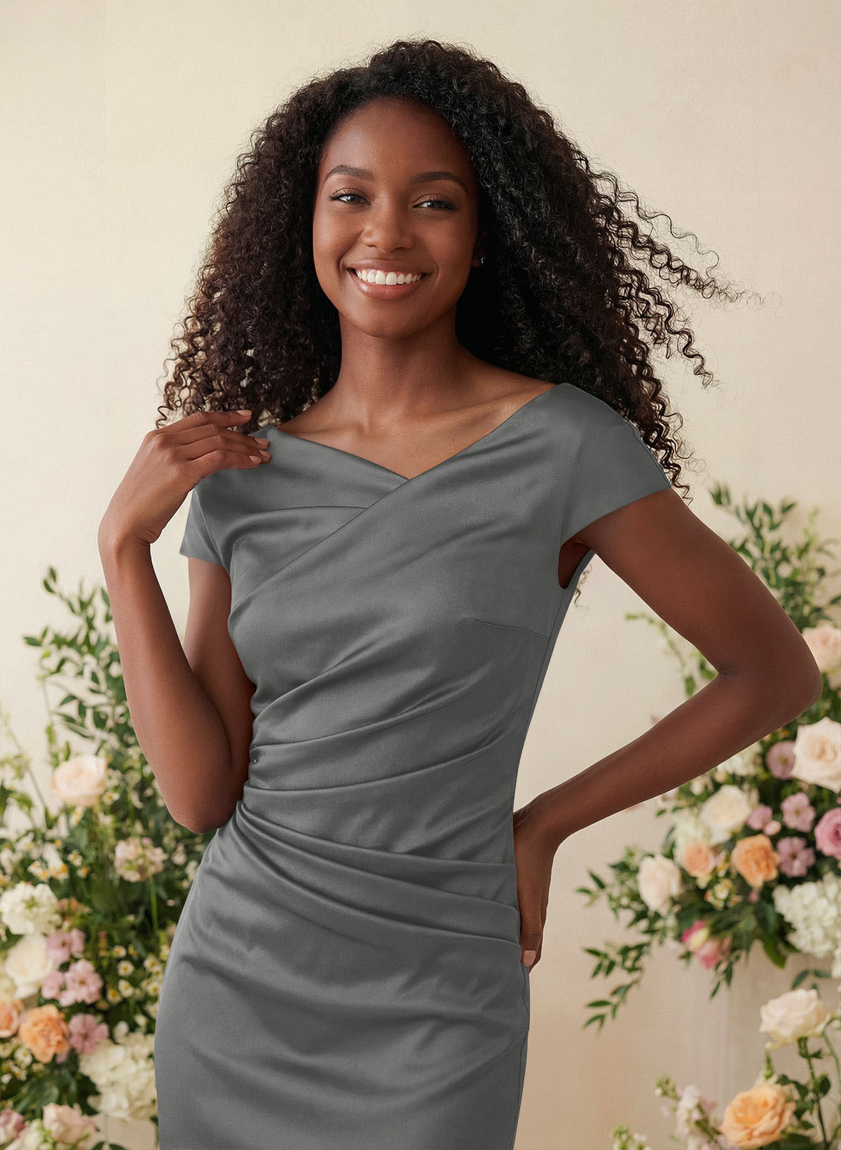 Sheath/Column Cowl Neck Short Sleeves Tea-Length Charmeuse Bridesmaid Dresses, product image 101