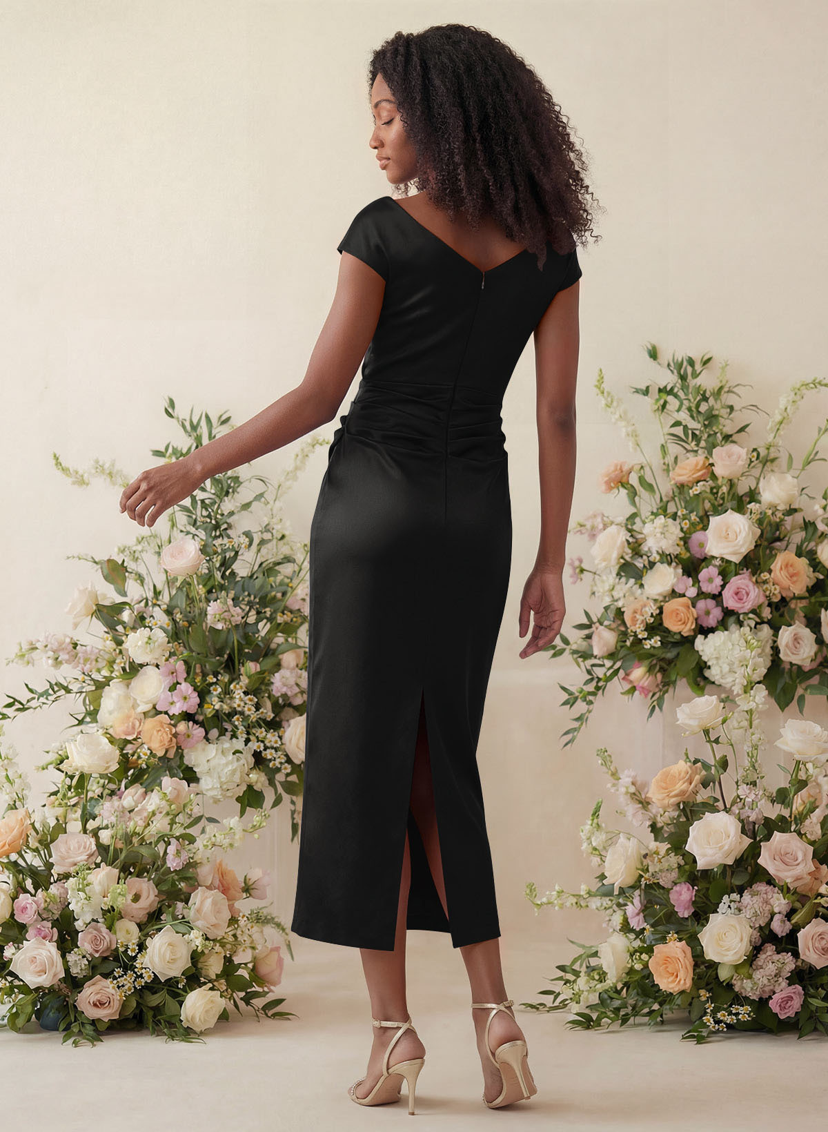 Sheath/Column Cowl Neck Short Sleeves Tea-Length Charmeuse Bridesmaid Dresses, product image 105