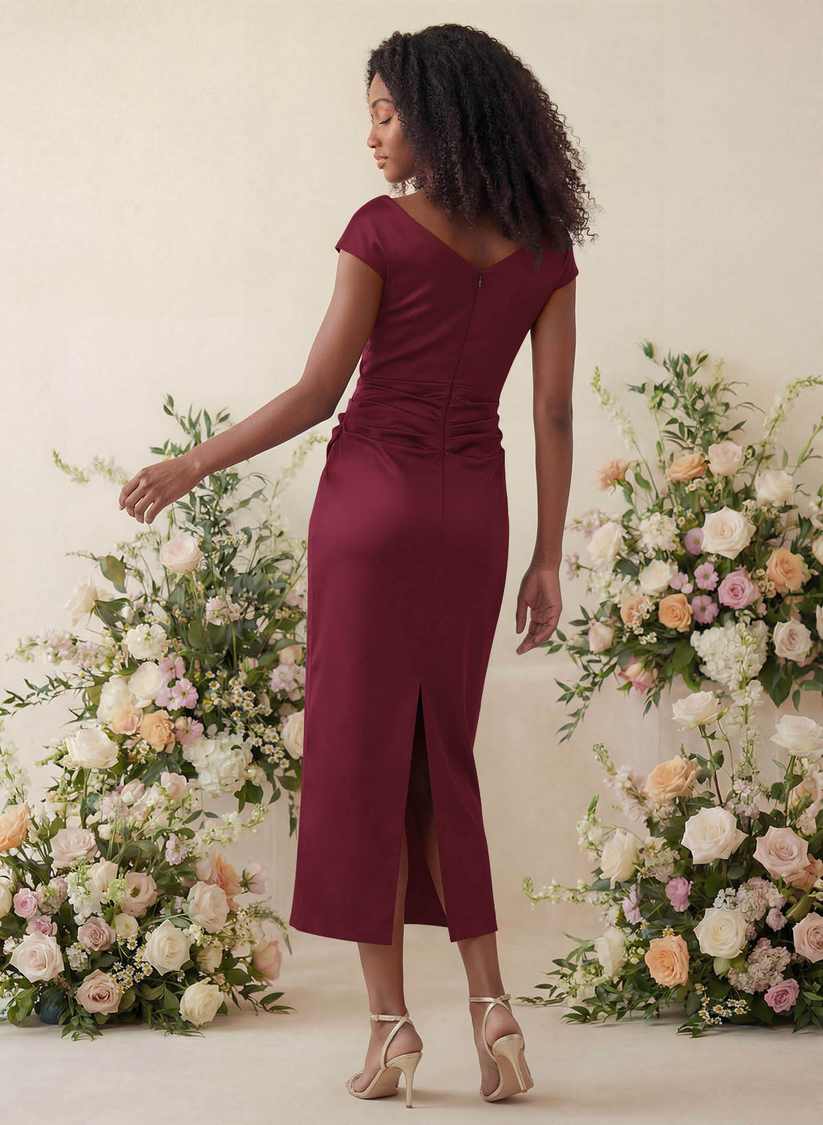 Sheath/Column Cowl Neck Short Sleeves Tea-Length Charmeuse Bridesmaid Dresses, product image 27