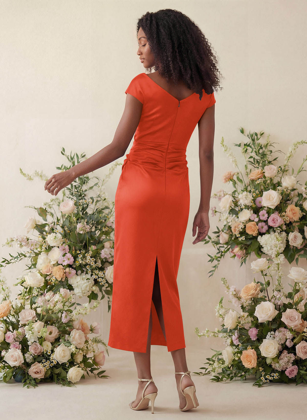 Sheath/Column Cowl Neck Short Sleeves Tea-Length Charmeuse Bridesmaid Dresses, product image 114