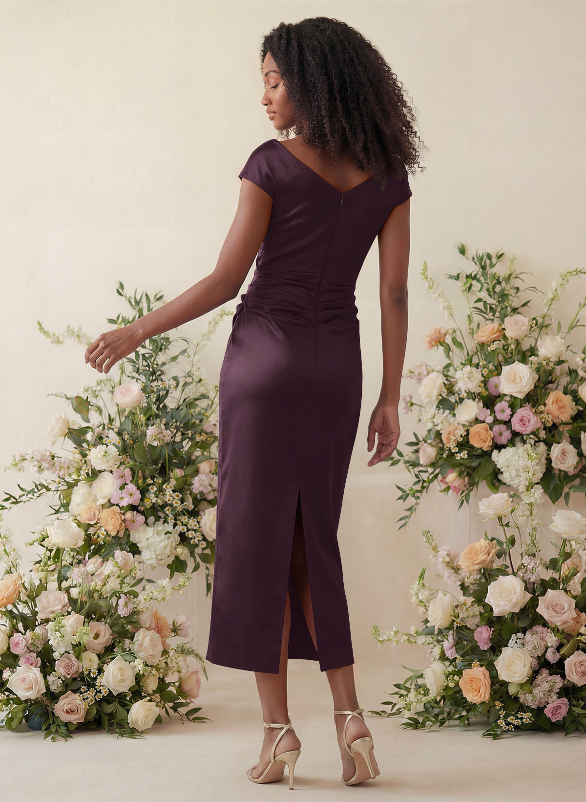 Sheath/Column Cowl Neck Short Sleeves Tea-Length Charmeuse Bridesmaid Dresses, product image 24