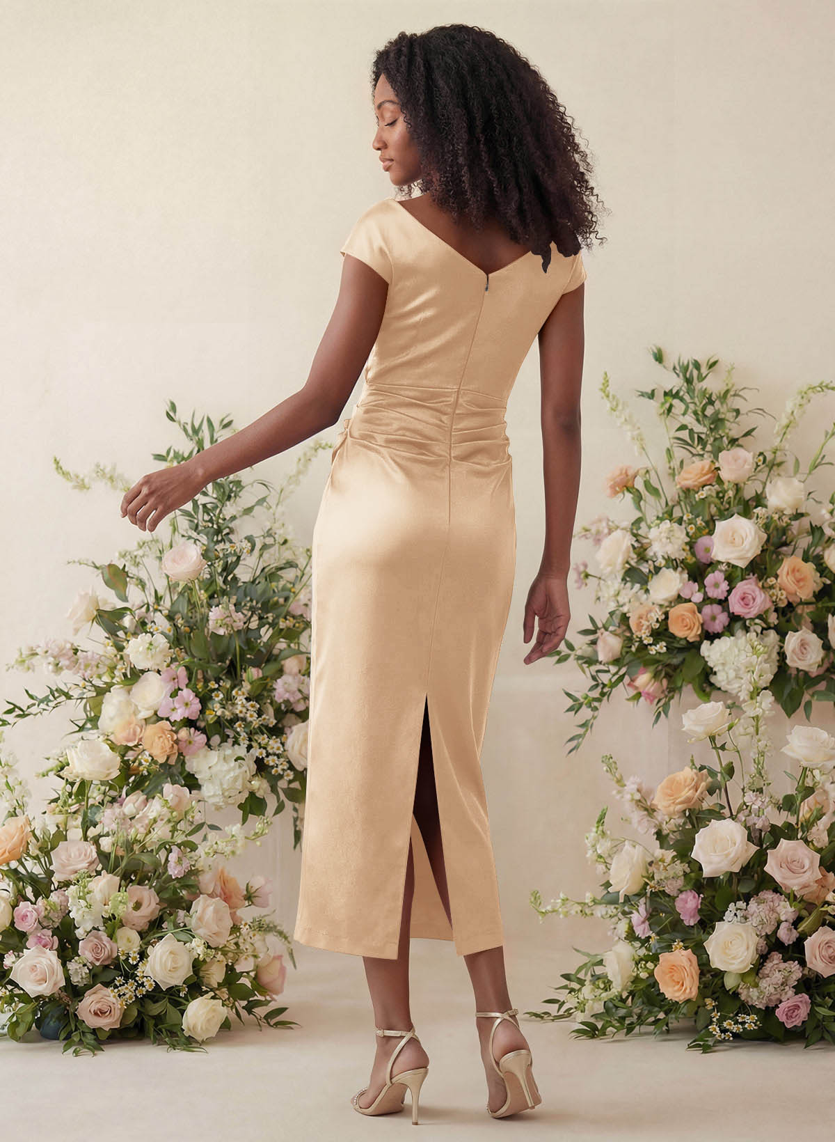 Sheath/Column Cowl Neck Short Sleeves Tea-Length Charmeuse Bridesmaid Dresses, product image 78