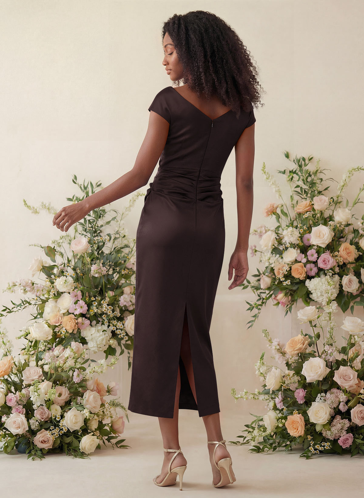 Sheath/Column Cowl Neck Short Sleeves Tea-Length Charmeuse Bridesmaid Dresses, product image 90