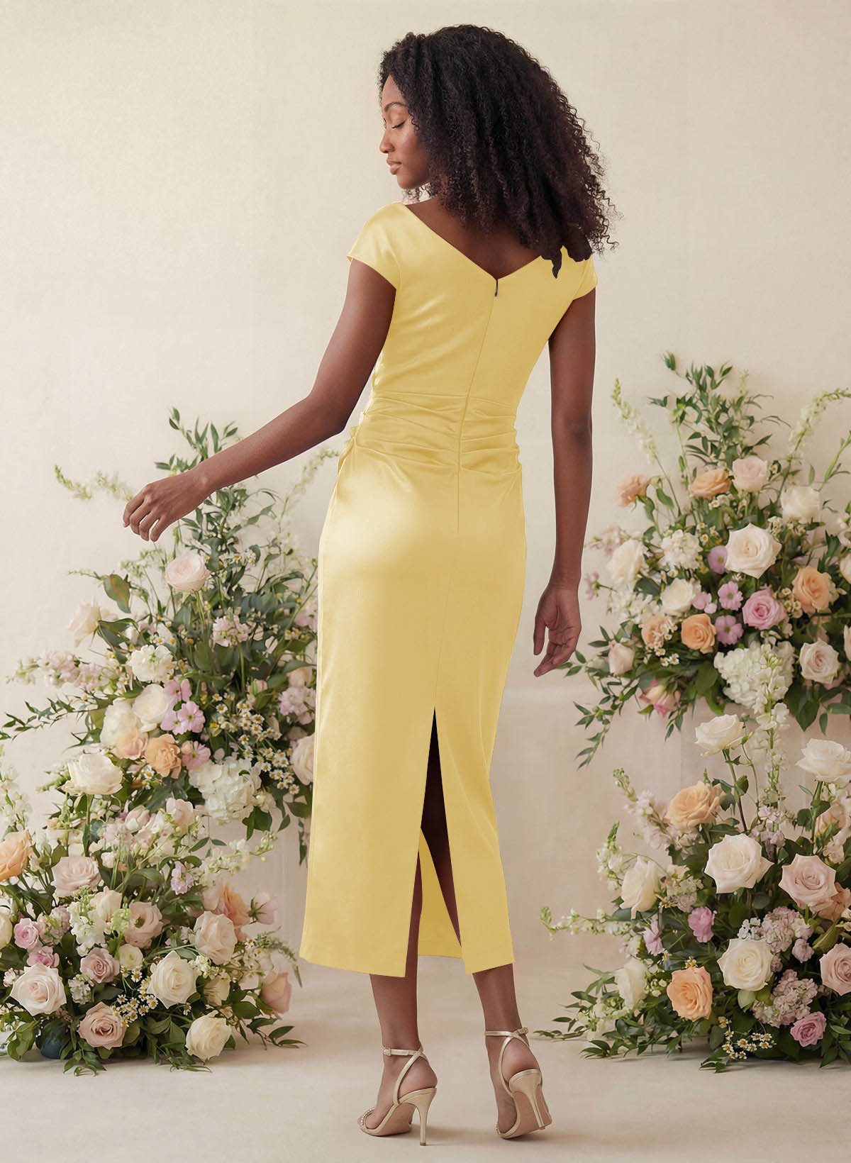 Sheath/Column Cowl Neck Short Sleeves Tea-Length Charmeuse Bridesmaid Dresses, product image 81