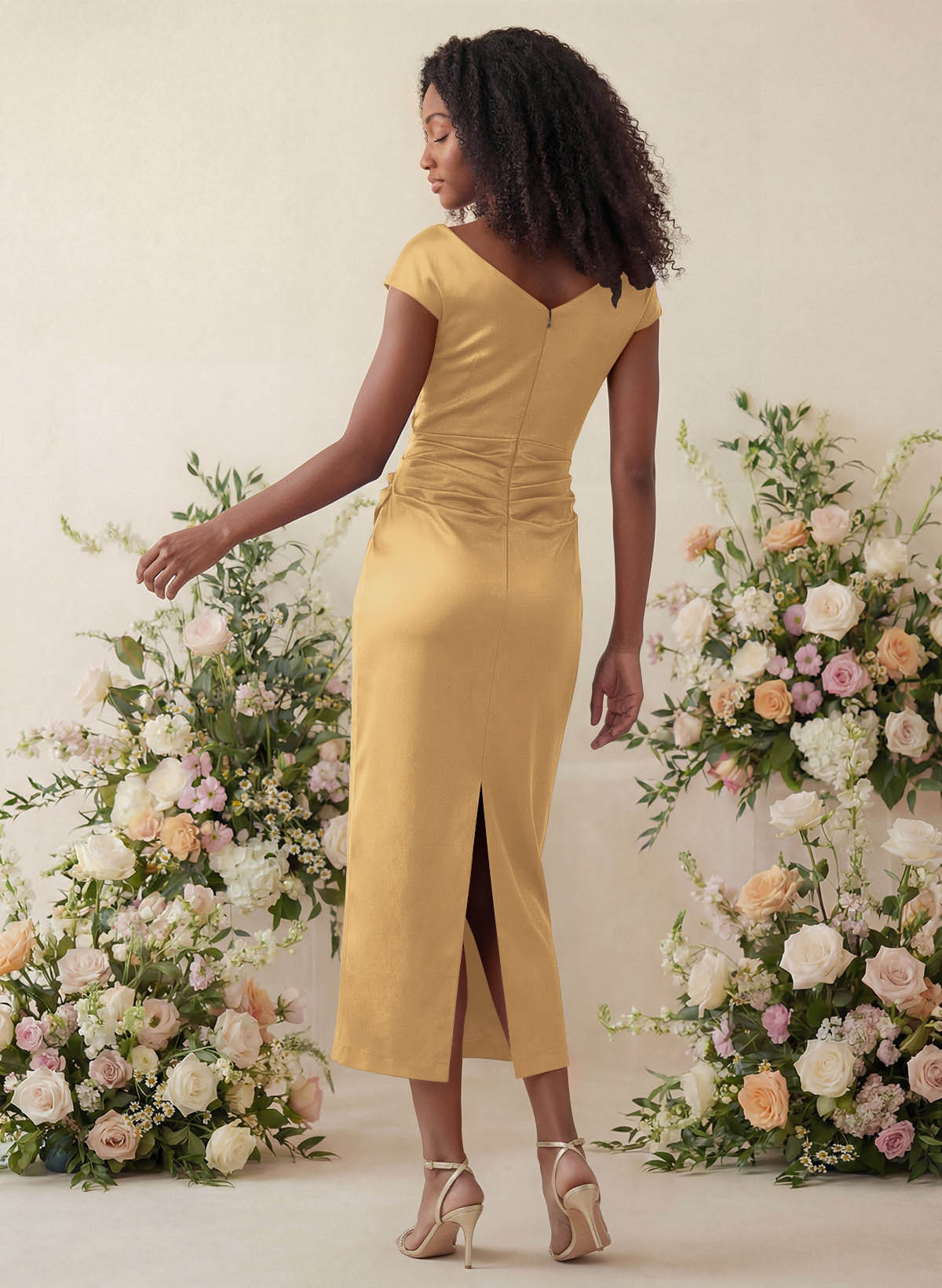 Sheath/Column Cowl Neck Short Sleeves Tea-Length Charmeuse Bridesmaid Dresses, product image 84