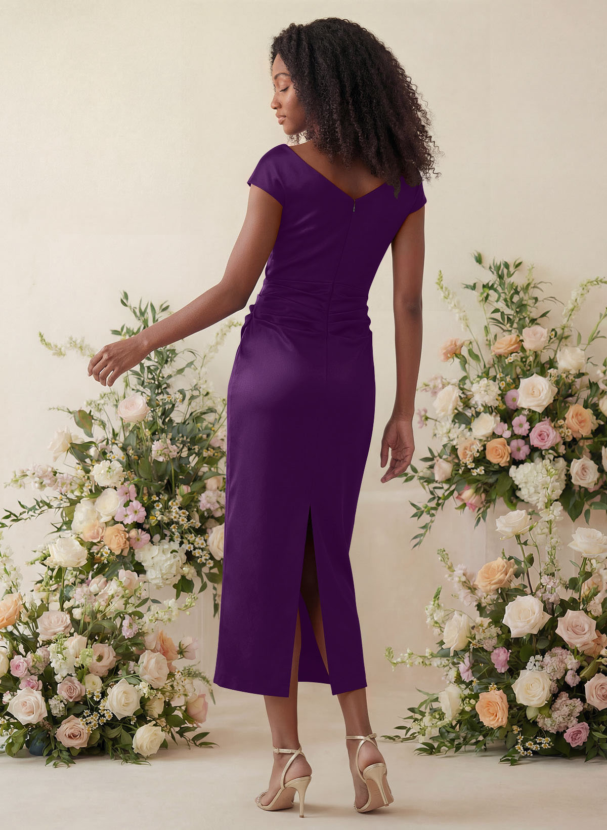 Sheath/Column Cowl Neck Short Sleeves Tea-Length Charmeuse Bridesmaid Dresses, product image 60