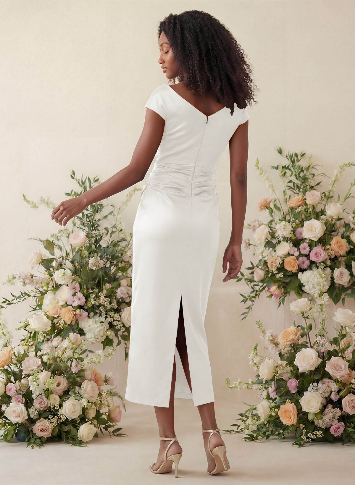 Sheath/Column Cowl Neck Short Sleeves Tea-Length Charmeuse Bridesmaid Dresses, product image 93