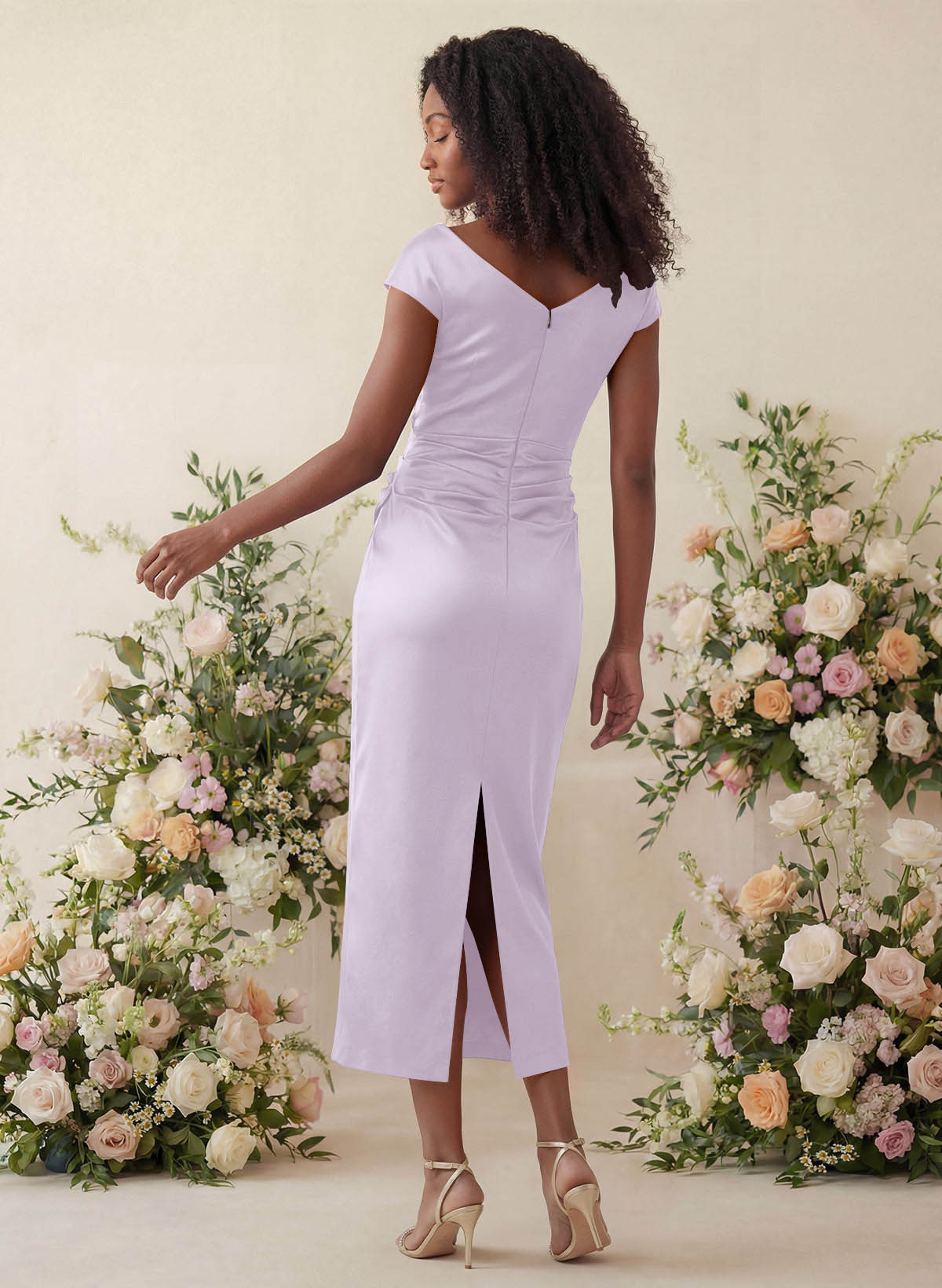 Sheath/Column Cowl Neck Short Sleeves Tea-Length Charmeuse Bridesmaid Dresses, product image 54