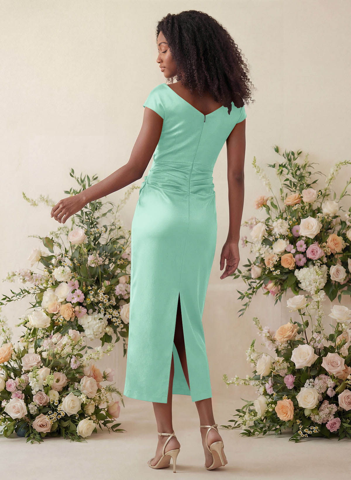 Sheath/Column Cowl Neck Short Sleeves Tea-Length Charmeuse Bridesmaid Dresses, product image 72