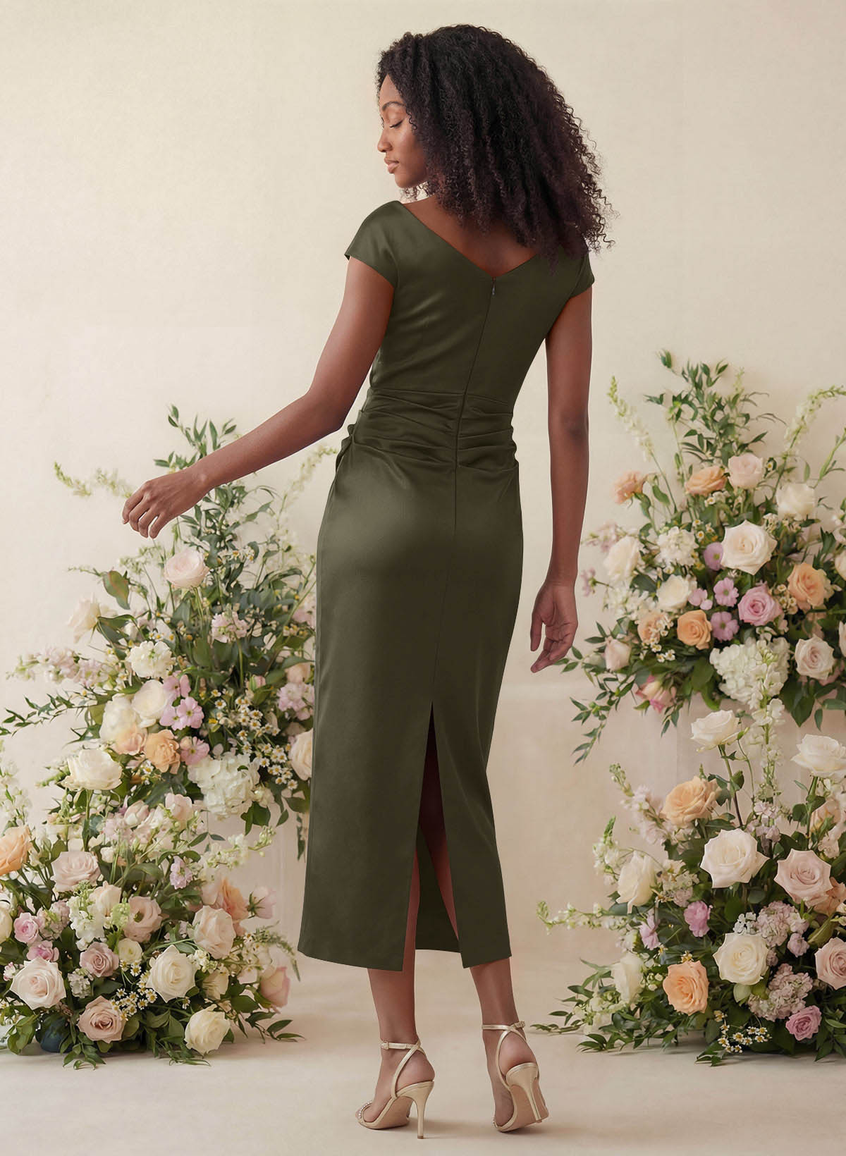 Sheath/Column Cowl Neck Short Sleeves Tea-Length Charmeuse Bridesmaid Dresses, product image 108