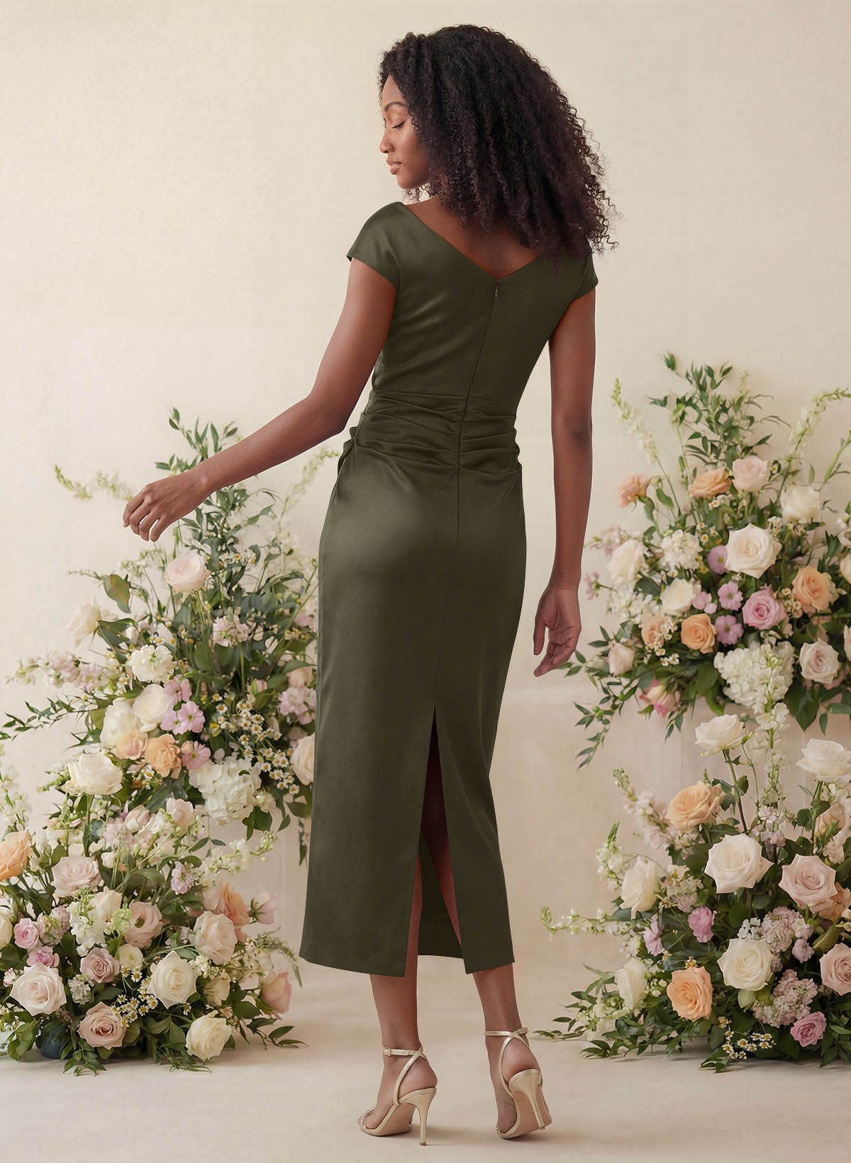 Sheath/Column Cowl Neck Short Sleeves Tea-Length Charmeuse Bridesmaid Dresses, product image 108