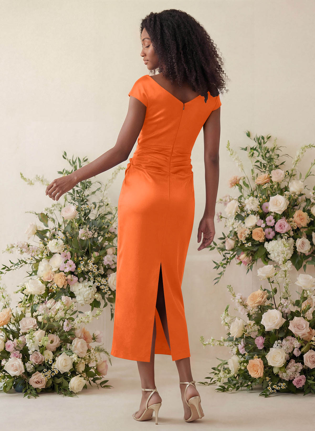 Sheath/Column Cowl Neck Short Sleeves Tea-Length Charmeuse Bridesmaid Dresses, product image 87
