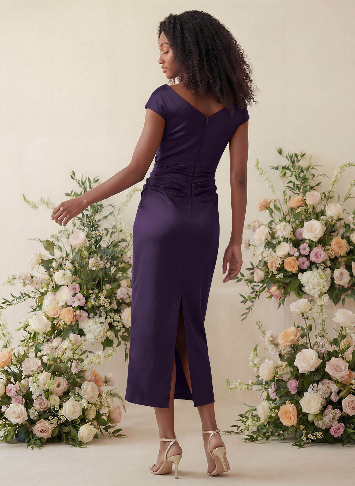 Sheath/Column Cowl Neck Short Sleeves Tea-Length Charmeuse Bridesmaid Dresses, product image 57