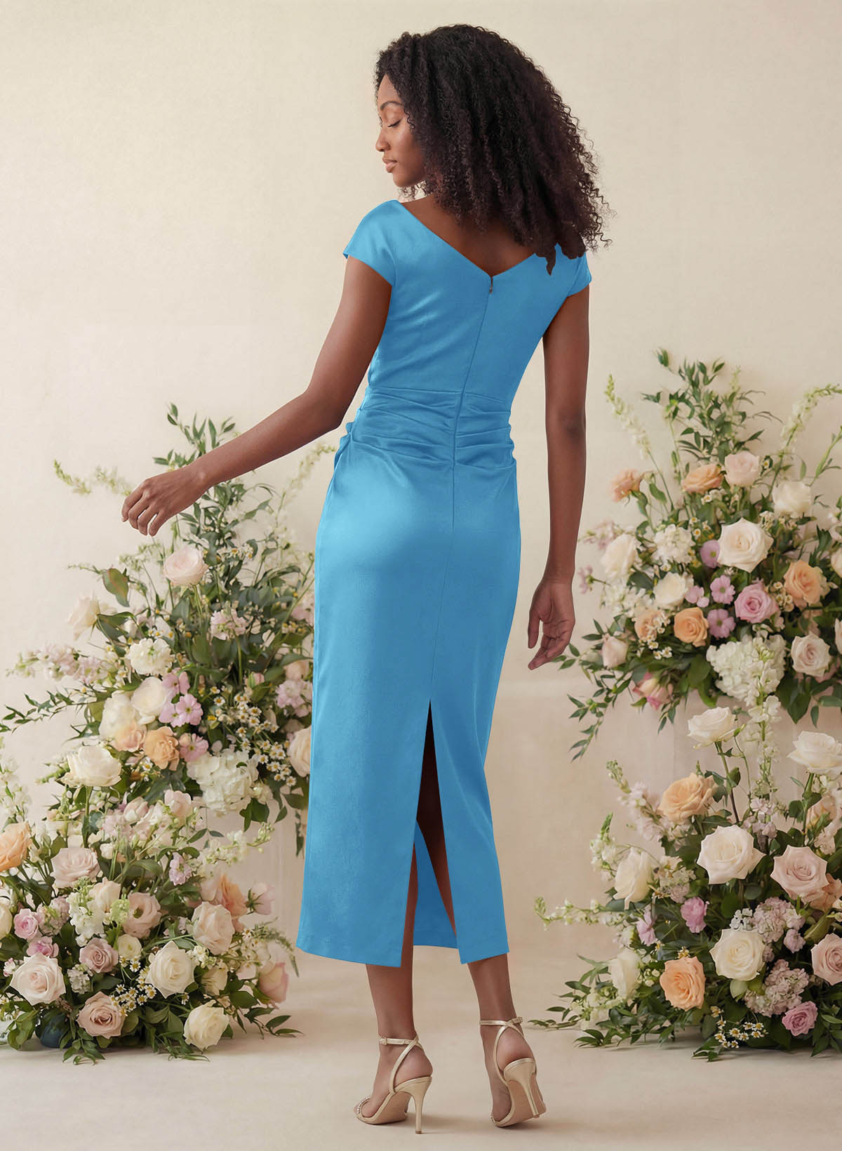 Sheath/Column Cowl Neck Short Sleeves Tea-Length Charmeuse Bridesmaid Dresses, product image 18