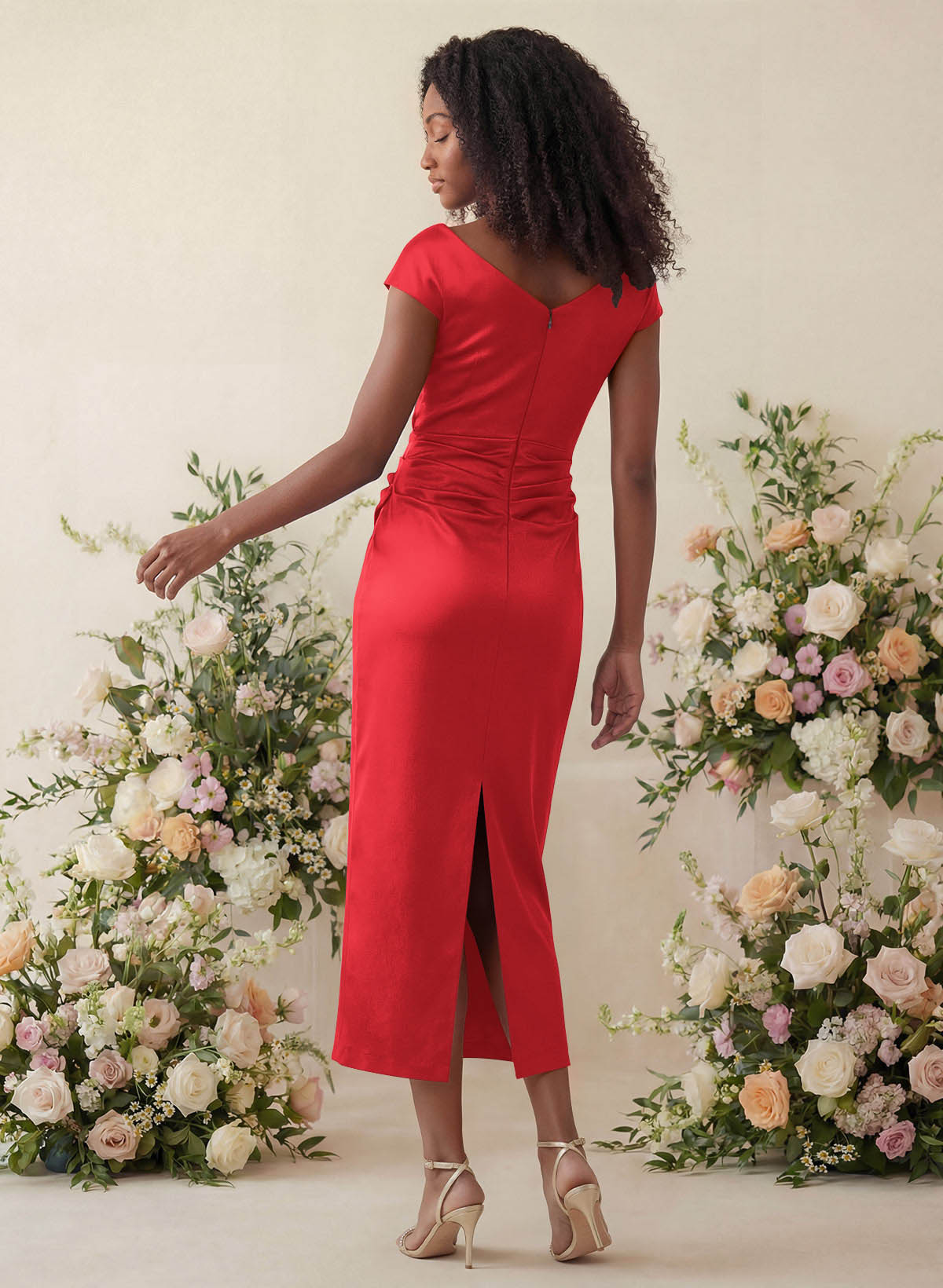 Sheath/Column Cowl Neck Short Sleeves Tea-Length Charmeuse Bridesmaid Dresses, product image 33