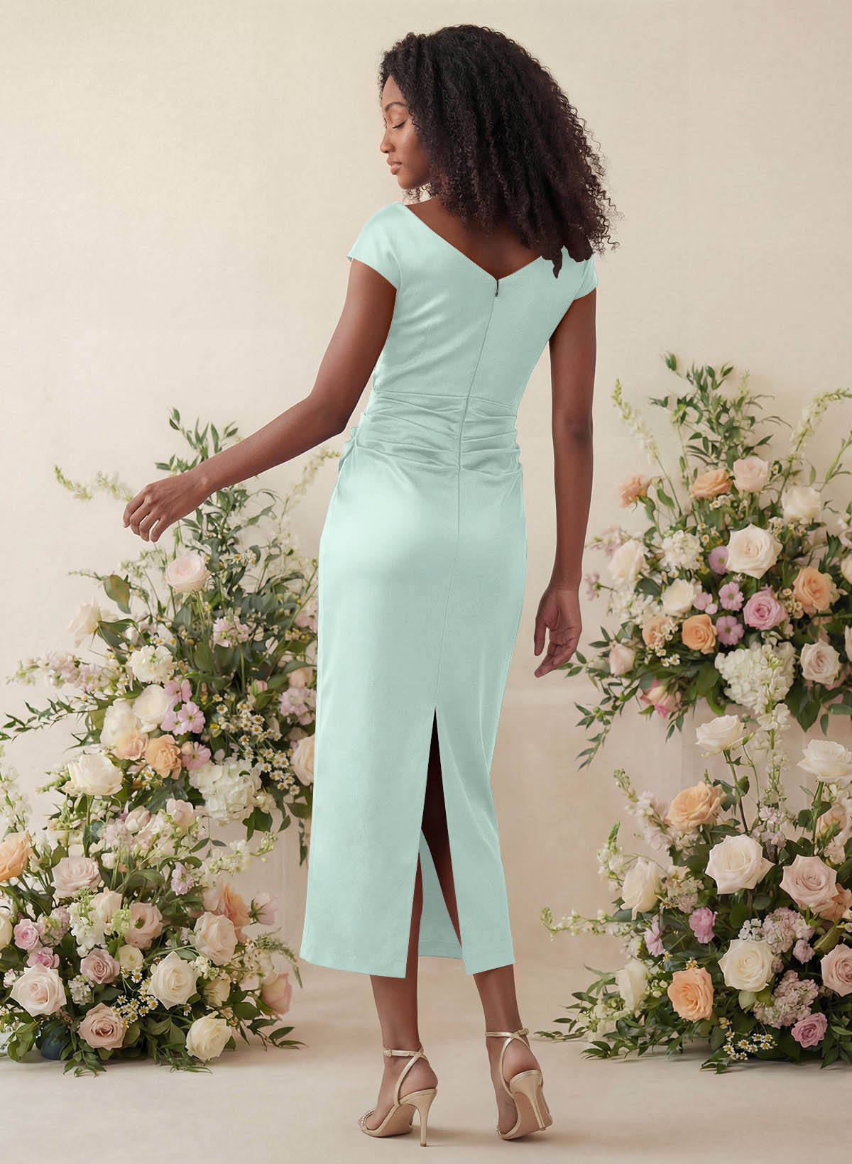 Sheath/Column Cowl Neck Short Sleeves Tea-Length Charmeuse Bridesmaid Dresses, product image 69