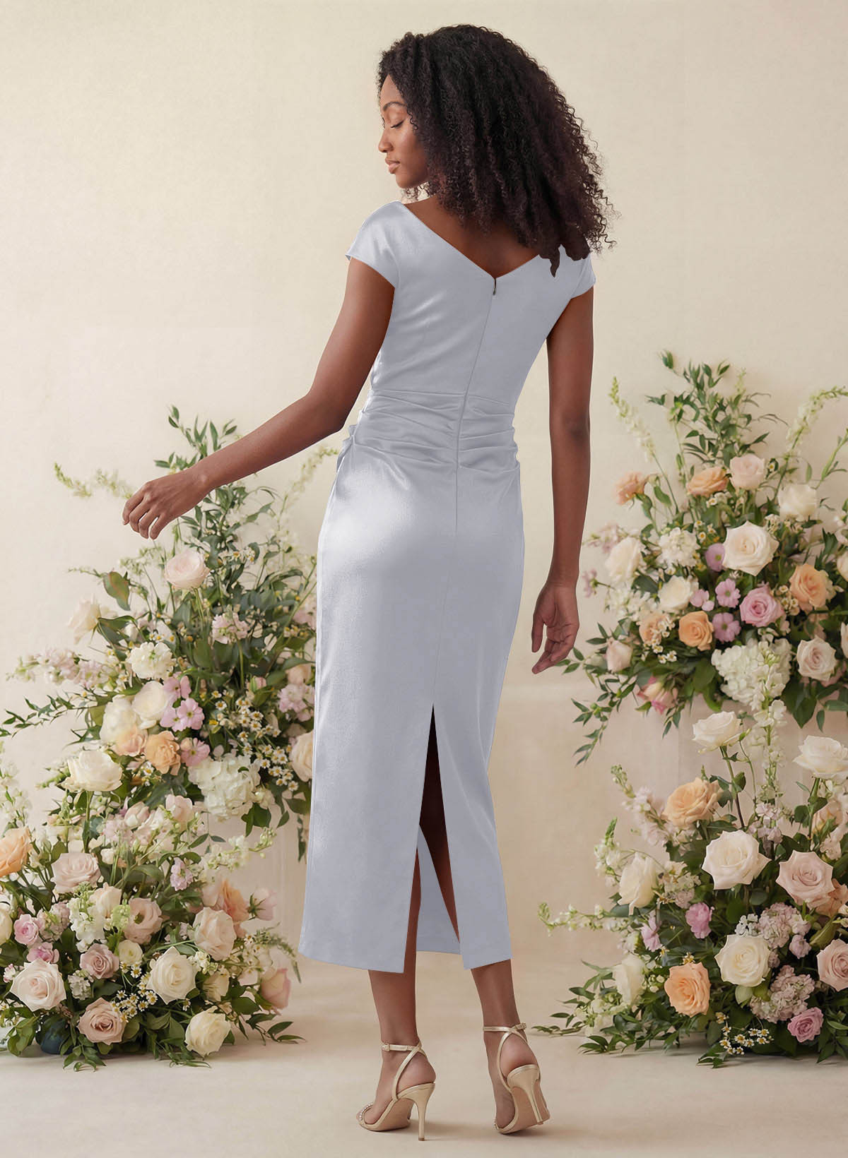 Sheath/Column Cowl Neck Short Sleeves Tea-Length Charmeuse Bridesmaid Dresses, product image 99