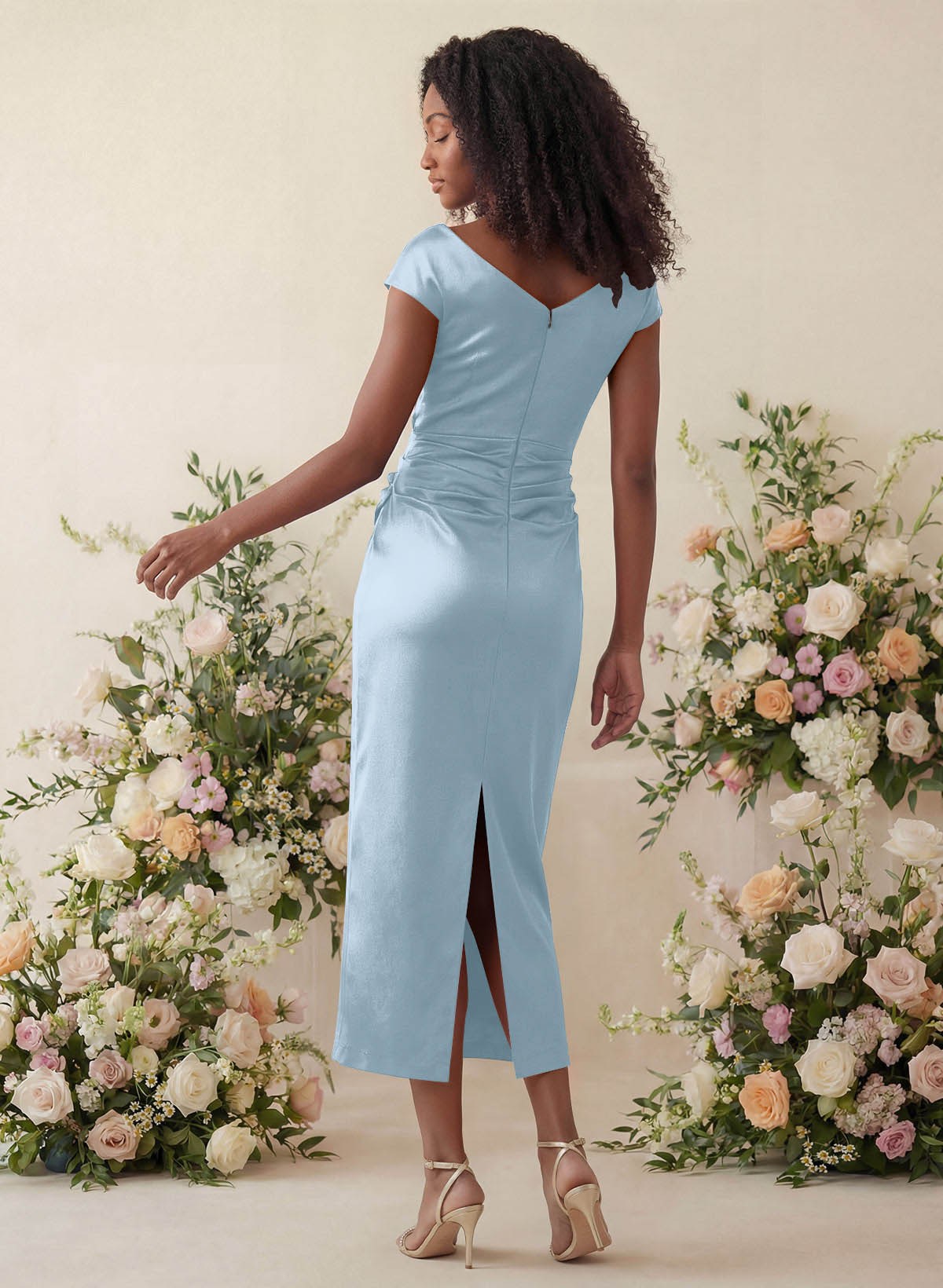 Sheath/Column Cowl Neck Short Sleeves Tea-Length Charmeuse Bridesmaid Dresses, product image 21