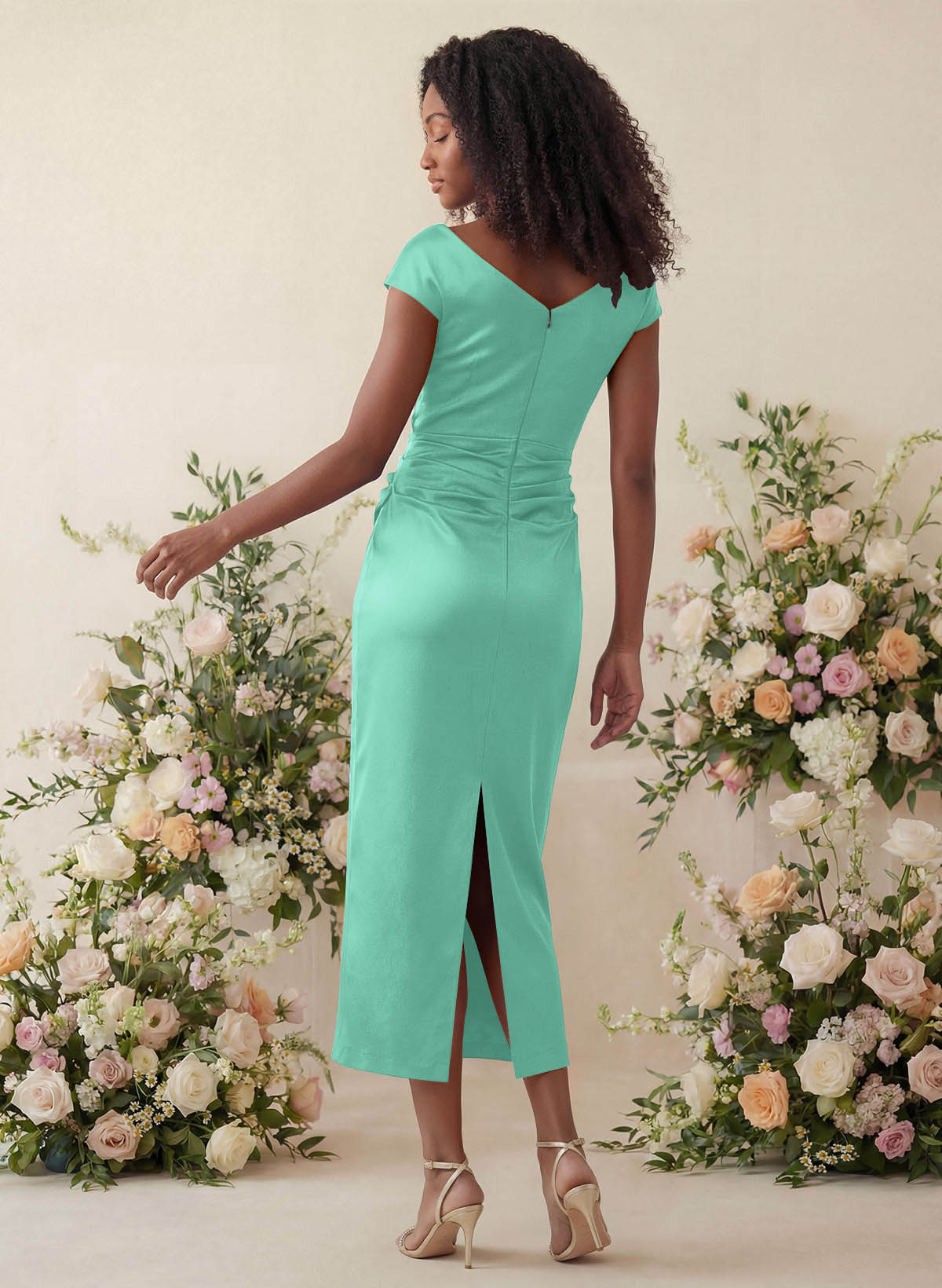 Sheath/Column Cowl Neck Short Sleeves Tea-Length Charmeuse Bridesmaid Dresses, product image 75