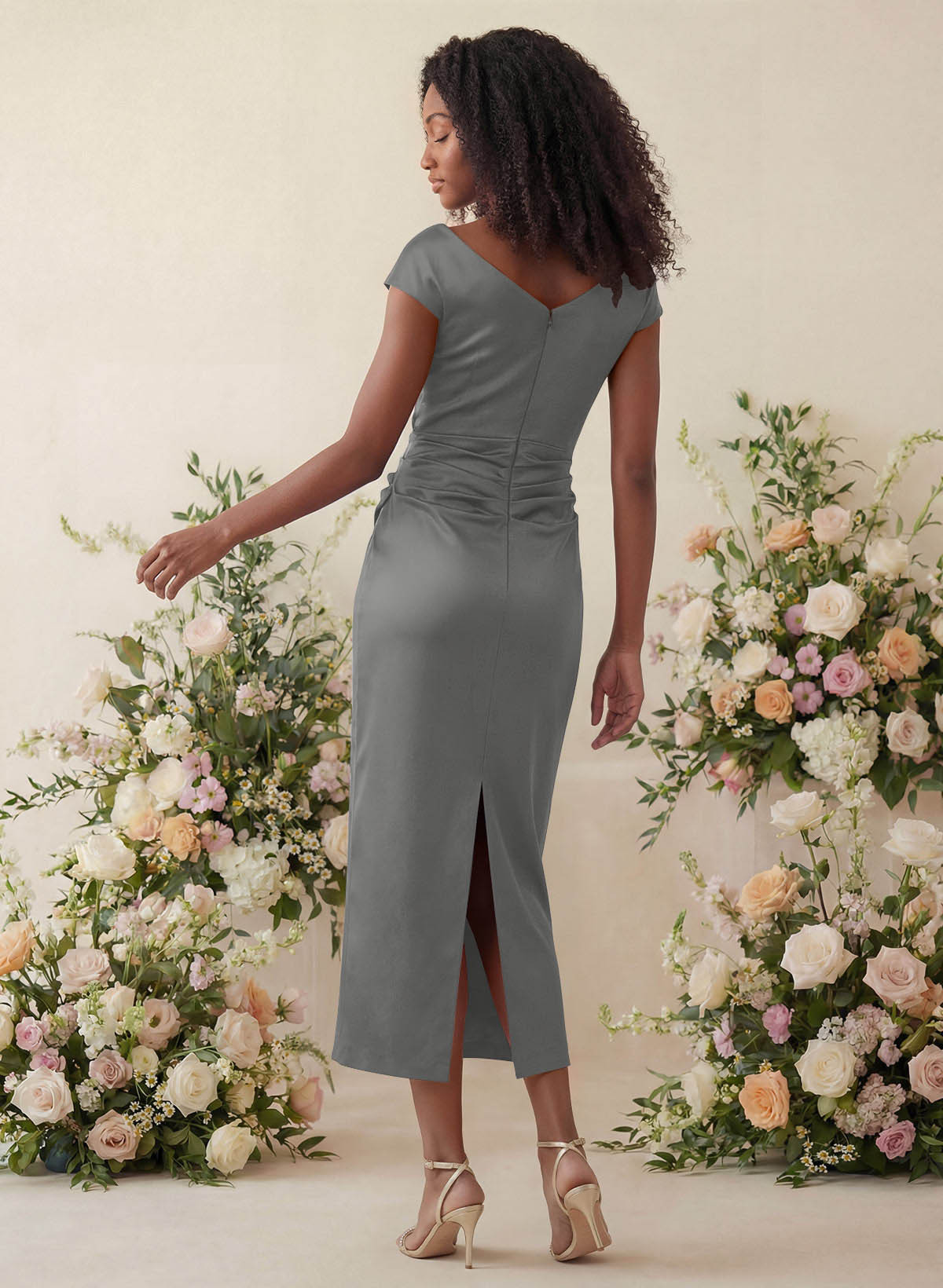Sheath/Column Cowl Neck Short Sleeves Tea-Length Charmeuse Bridesmaid Dresses, product image 102