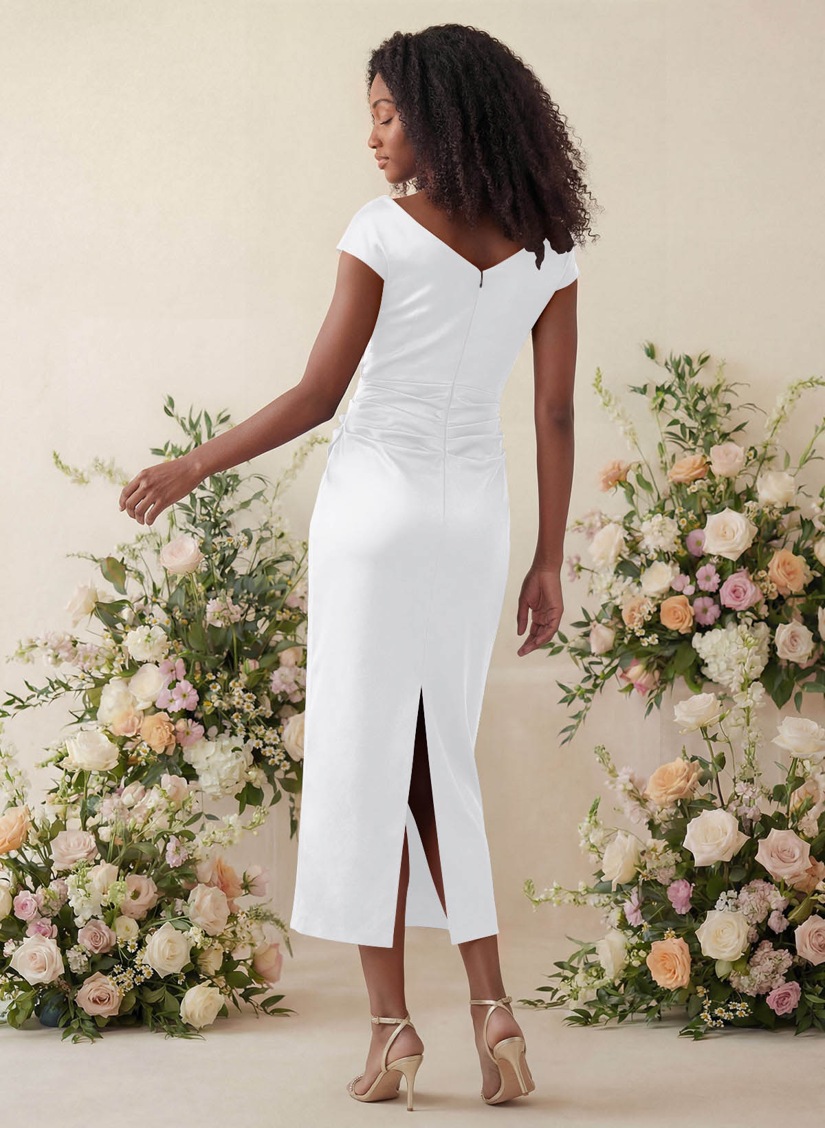 Sheath/Column Cowl Neck Short Sleeves Tea-Length Charmeuse Bridesmaid Dresses, product image 96