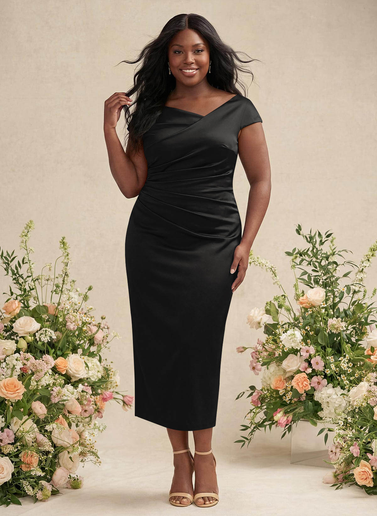 Sheath/Column Cowl Neck Short Sleeves Tea-Length Charmeuse Bridesmaid Dresses, product image 183
