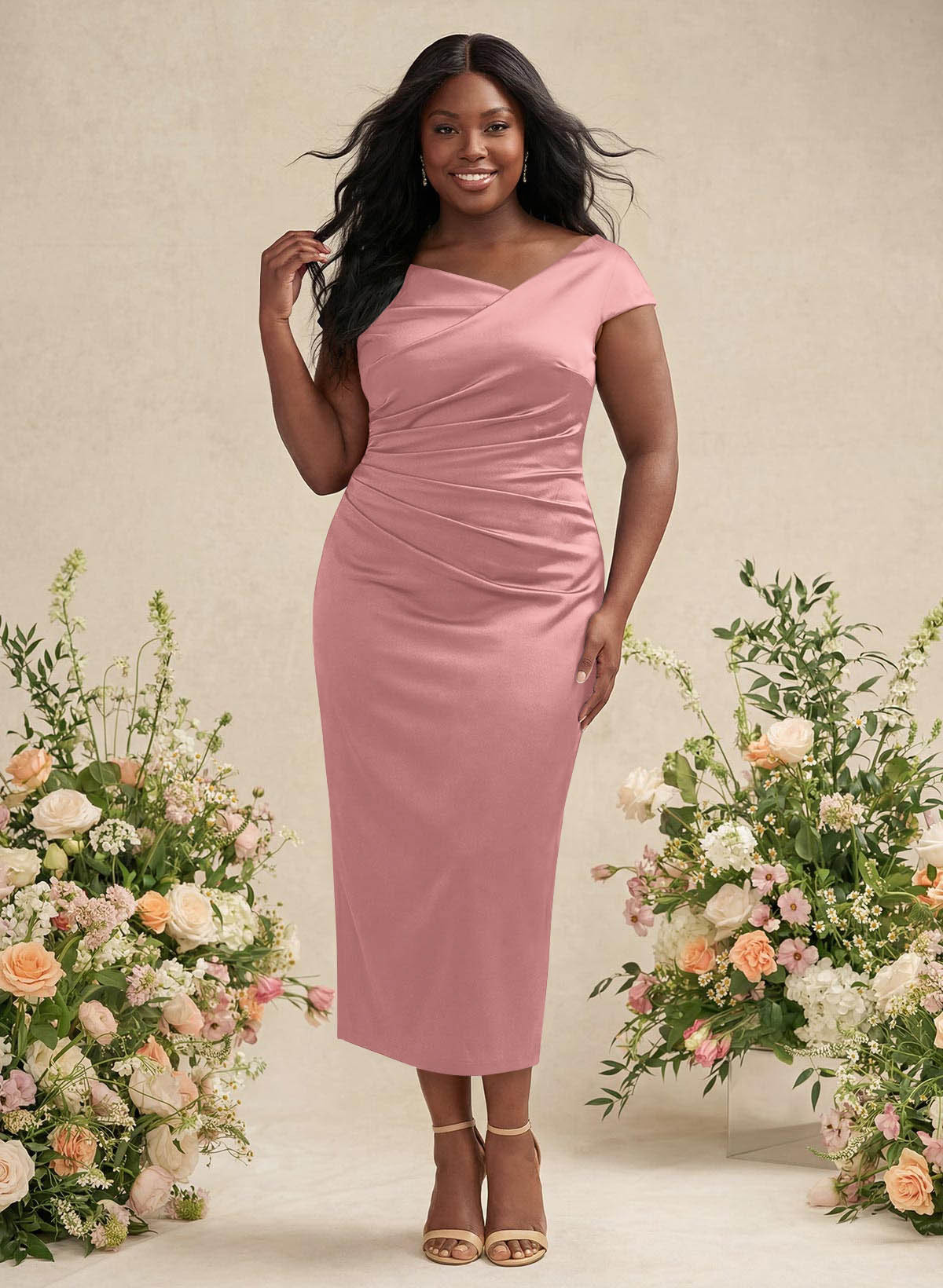 Sheath/Column Cowl Neck Short Sleeves Tea-Length Charmeuse Bridesmaid Dresses, product image 141