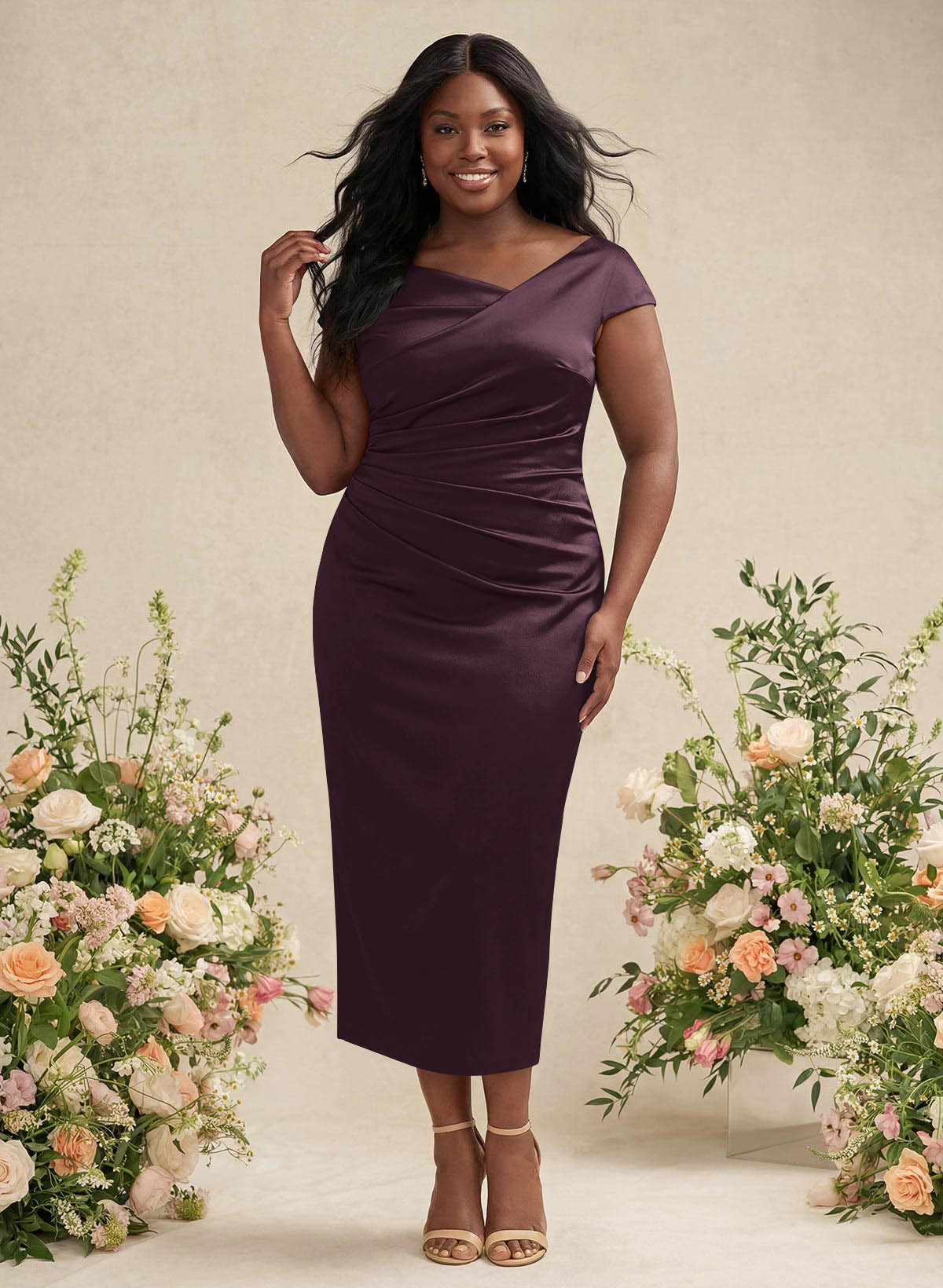 Sheath/Column Cowl Neck Short Sleeves Tea-Length Charmeuse Bridesmaid Dresses, product image 129