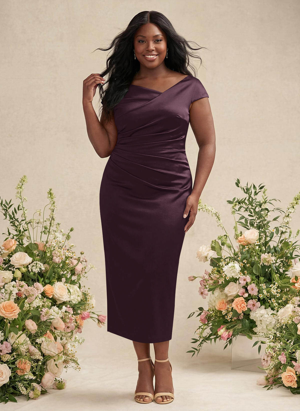 Sheath/Column Cowl Neck Short Sleeves Tea-Length Charmeuse Bridesmaid Dresses, product image 129