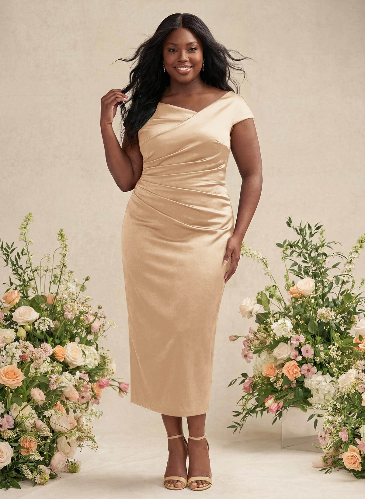 Sheath/Column Cowl Neck Short Sleeves Tea-Length Charmeuse Bridesmaid Dresses, product image 165