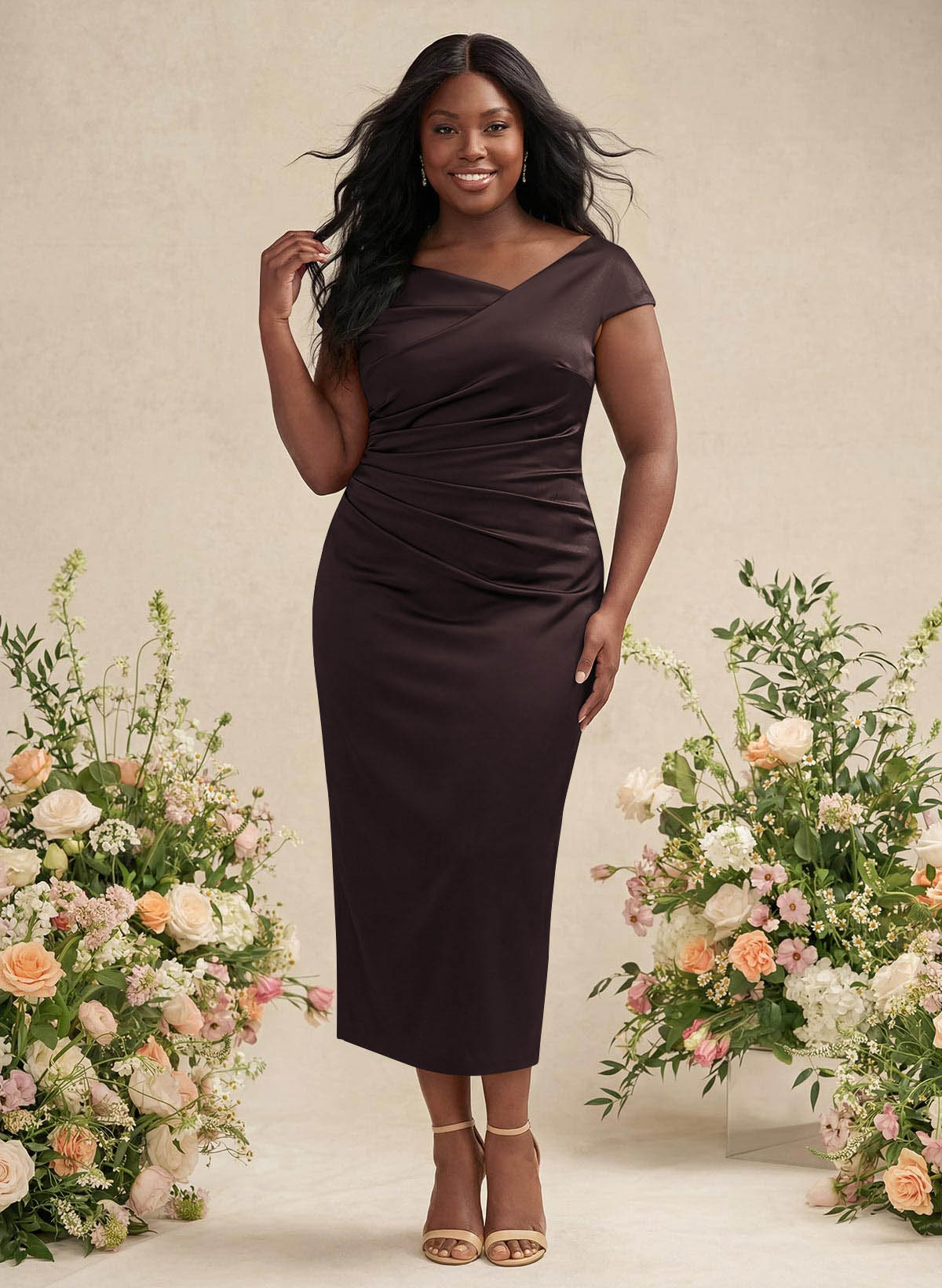 Sheath/Column Cowl Neck Short Sleeves Tea-Length Charmeuse Bridesmaid Dresses, product image 173