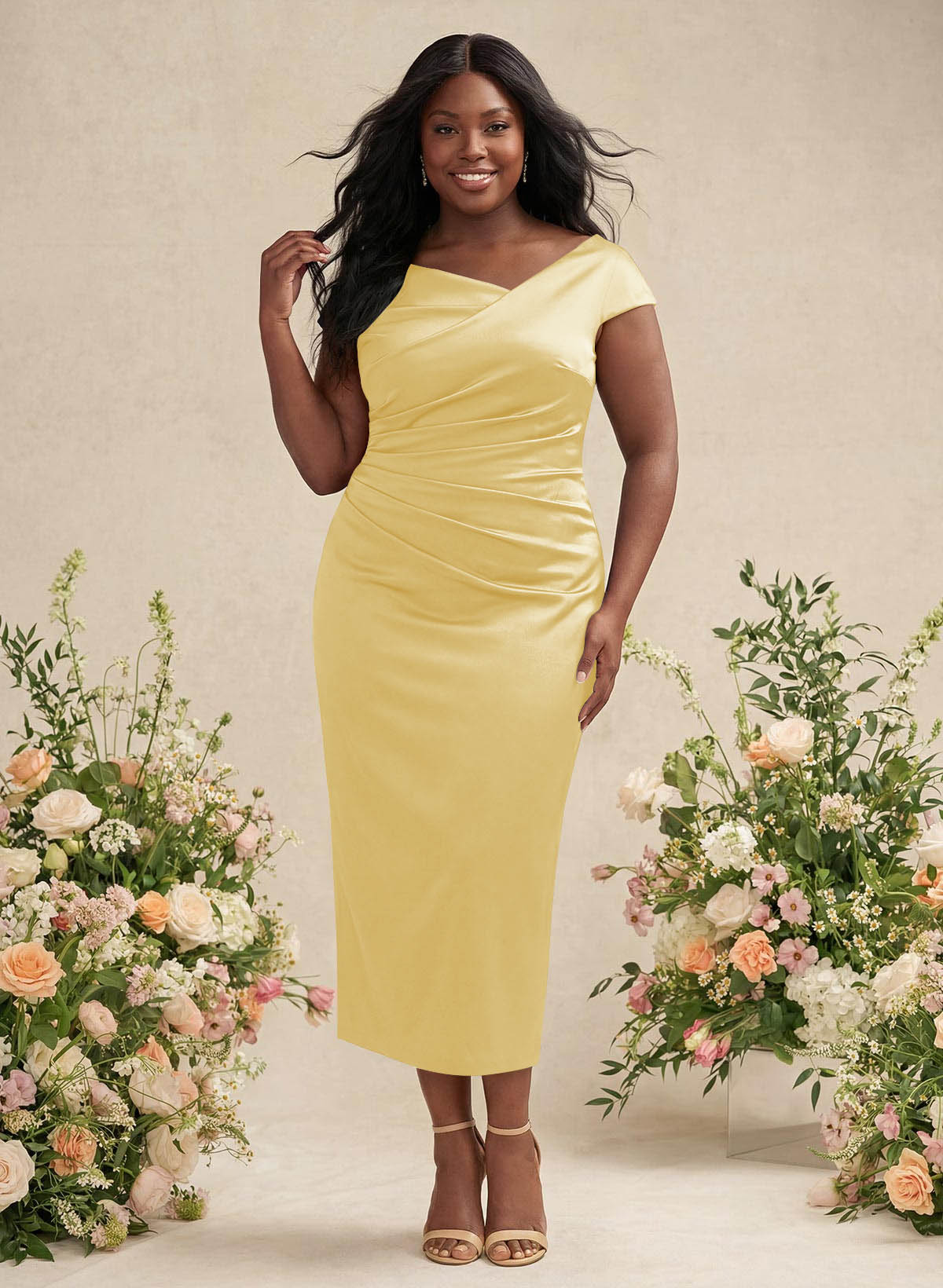 Sheath/Column Cowl Neck Short Sleeves Tea-Length Charmeuse Bridesmaid Dresses, product image 167