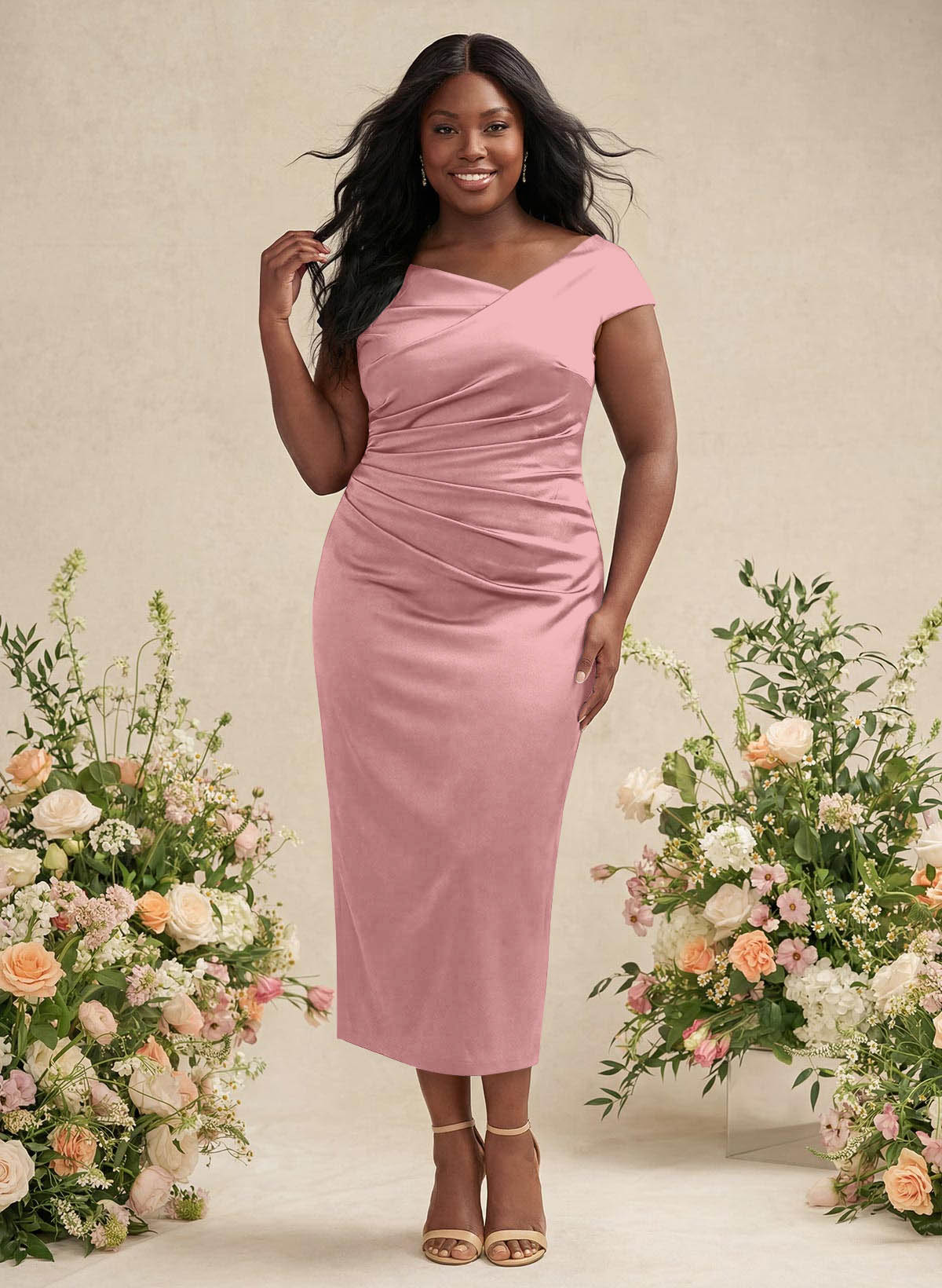 Sheath/Column Cowl Neck Short Sleeves Tea-Length Charmeuse Bridesmaid Dresses, product image 137
