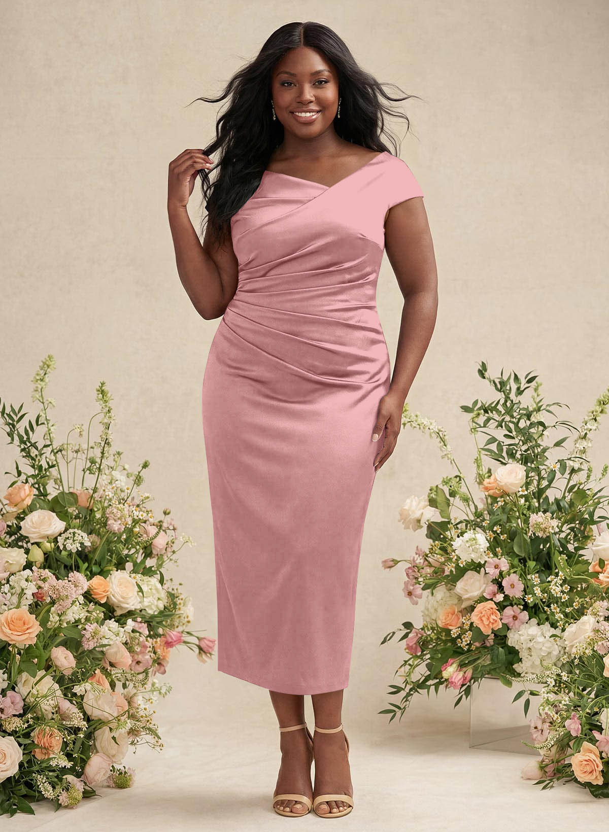 Sheath/Column Cowl Neck Short Sleeves Tea-Length Charmeuse Bridesmaid Dresses, product image 137