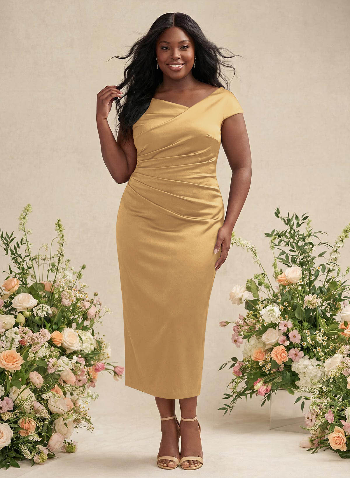 Sheath/Column Cowl Neck Short Sleeves Tea-Length Charmeuse Bridesmaid Dresses, product image 169