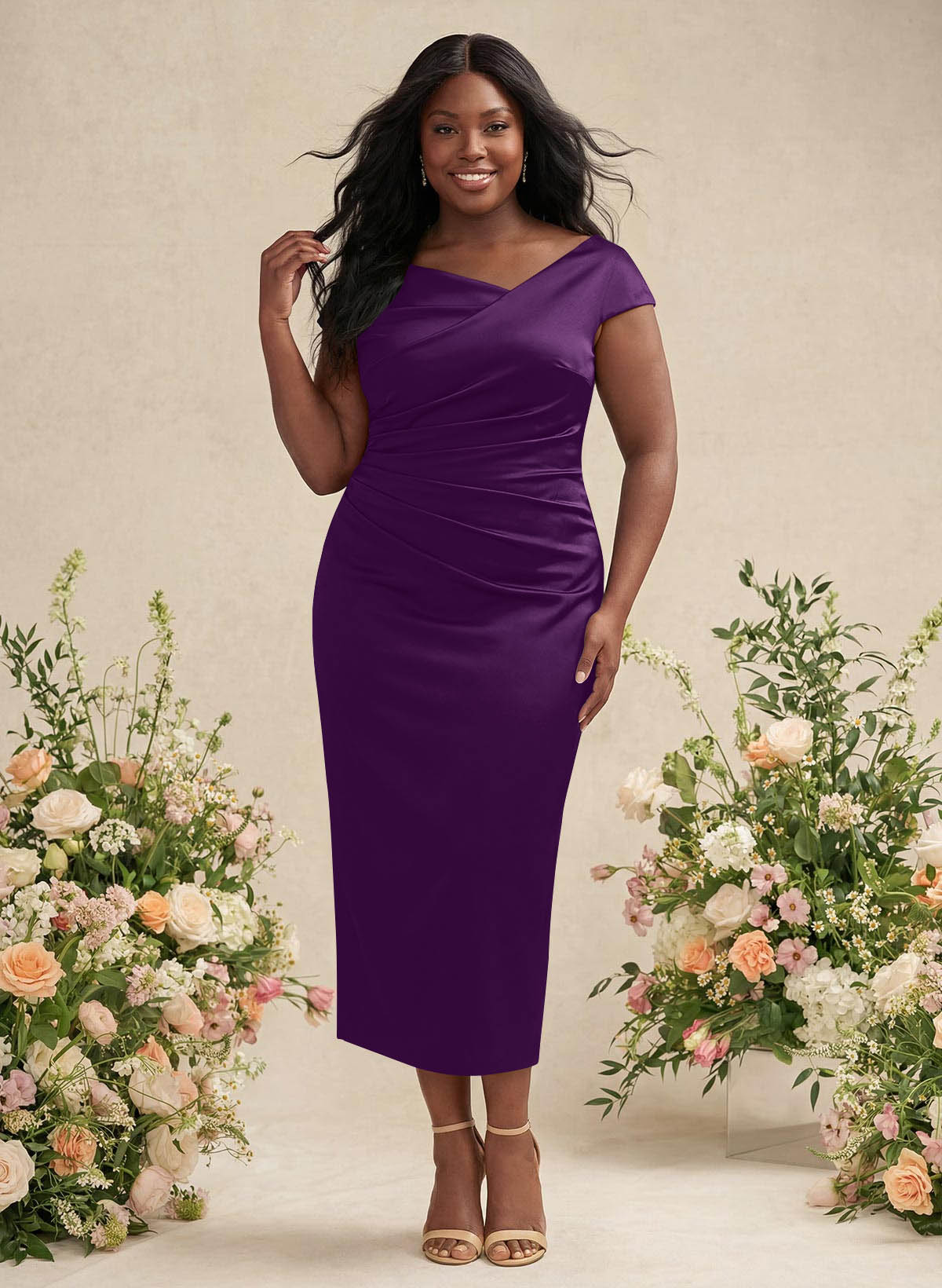 Sheath/Column Cowl Neck Short Sleeves Tea-Length Charmeuse Bridesmaid Dresses, product image 153