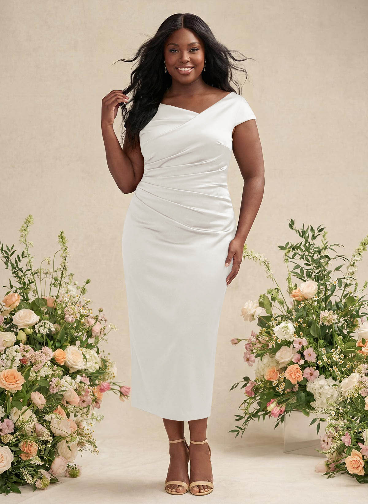 Sheath/Column Cowl Neck Short Sleeves Tea-Length Charmeuse Bridesmaid Dresses, product image 175