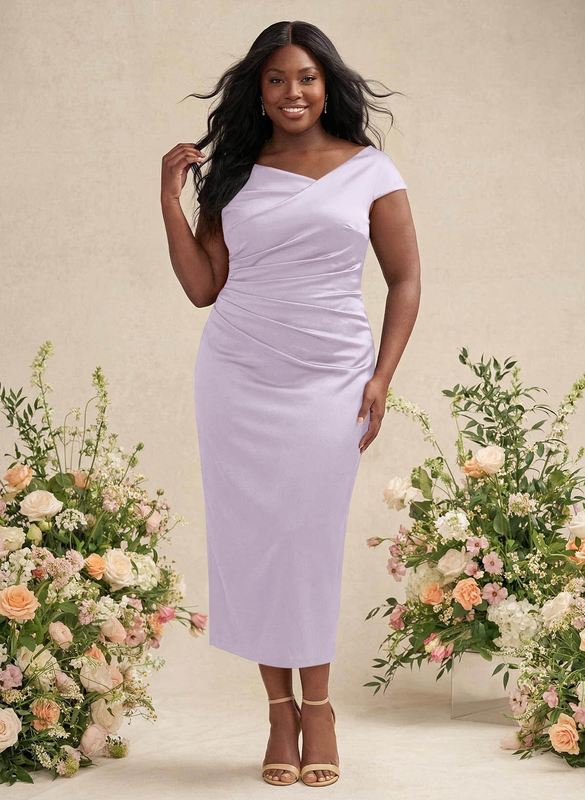 Sheath/Column Cowl Neck Short Sleeves Tea-Length Charmeuse Bridesmaid Dresses, product image 149