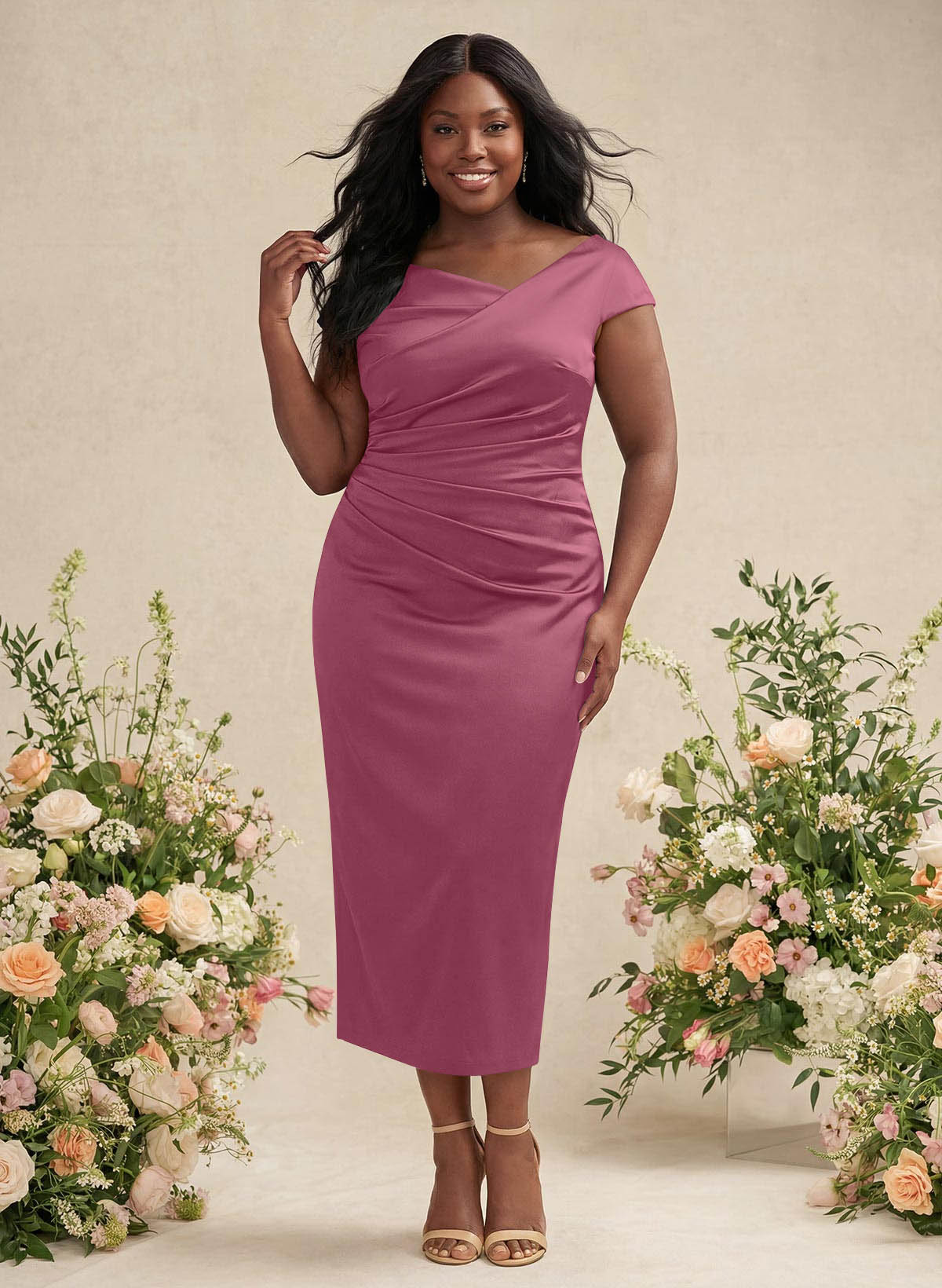 Sheath/Column Cowl Neck Short Sleeves Tea-Length Charmeuse Bridesmaid Dresses, product image 133