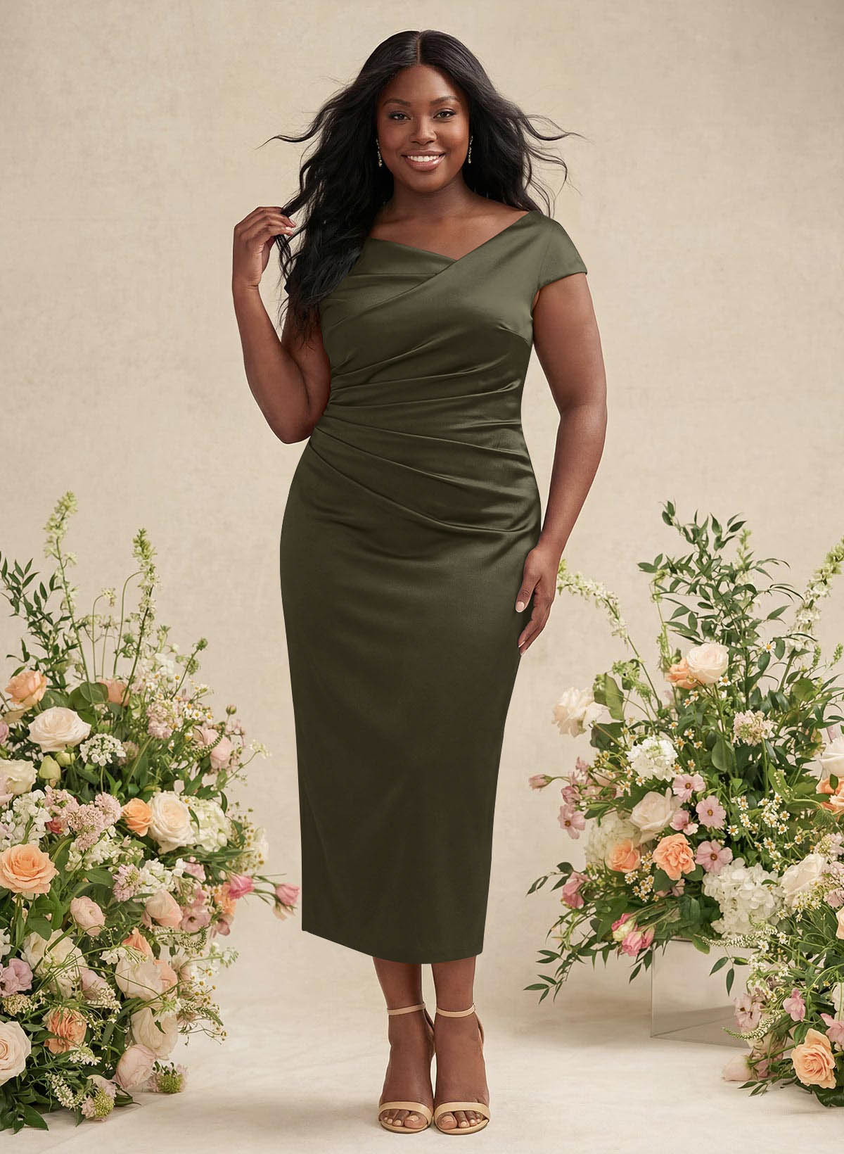 Sheath/Column Cowl Neck Short Sleeves Tea-Length Charmeuse Bridesmaid Dresses, product image 185
