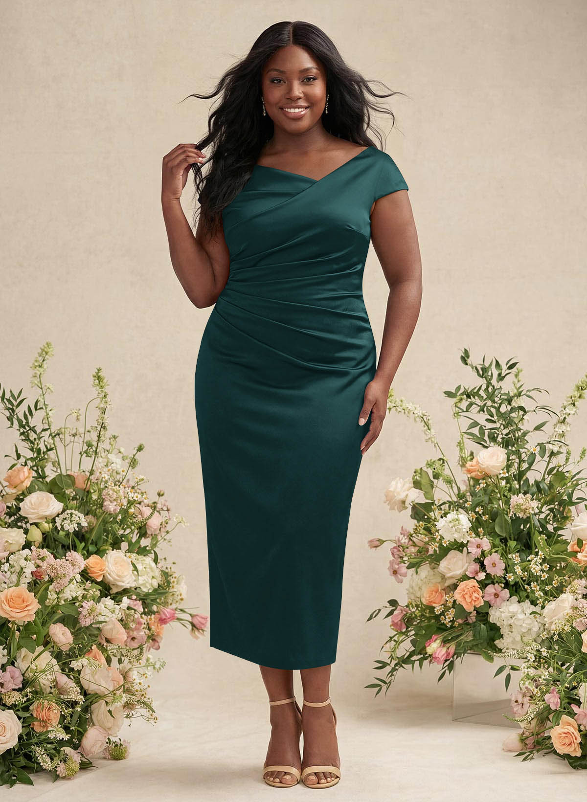 Sheath/Column Cowl Neck Short Sleeves Tea-Length Charmeuse Bridesmaid Dresses, product image 157